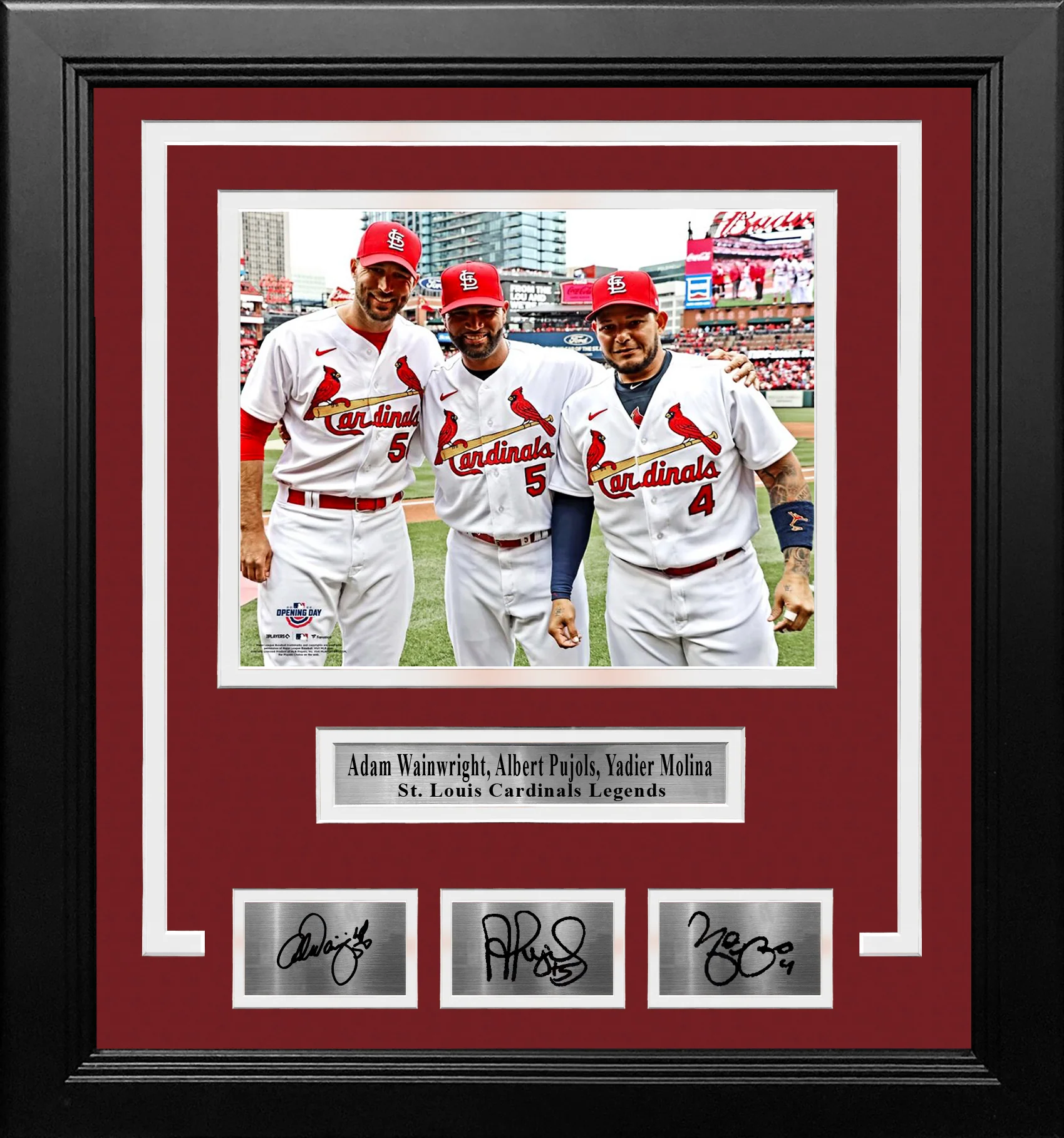 Adam Wainwright, Albert Pujols, & Yadier Molina Cardinals 8x10 Framed Photo with Engraved Autographs - Image 2