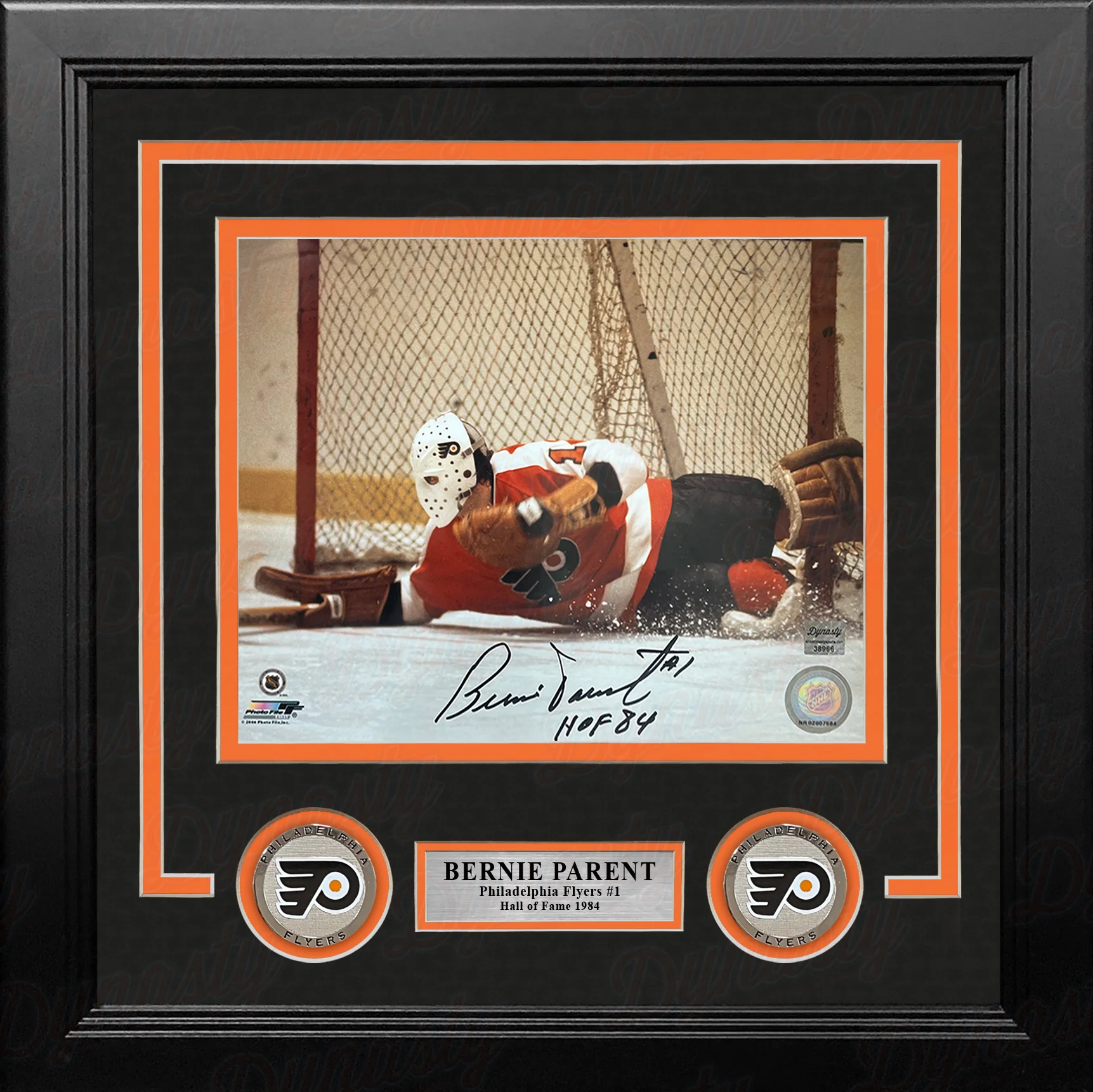 Bernie Parent Diving Save Philadelphia Flyers Autographed 8x10 Framed Photo with HOF Inscription