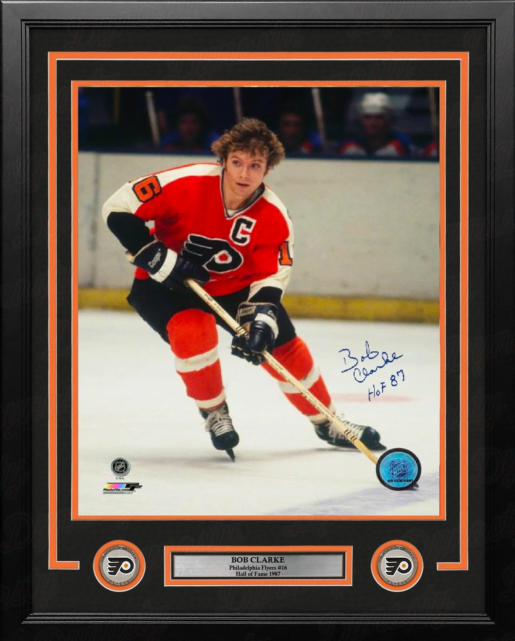 Bob Clarke Skating Action Philadelphia Flyers Autographed 16" x 20" Framed Hockey Photo - Hall Fame