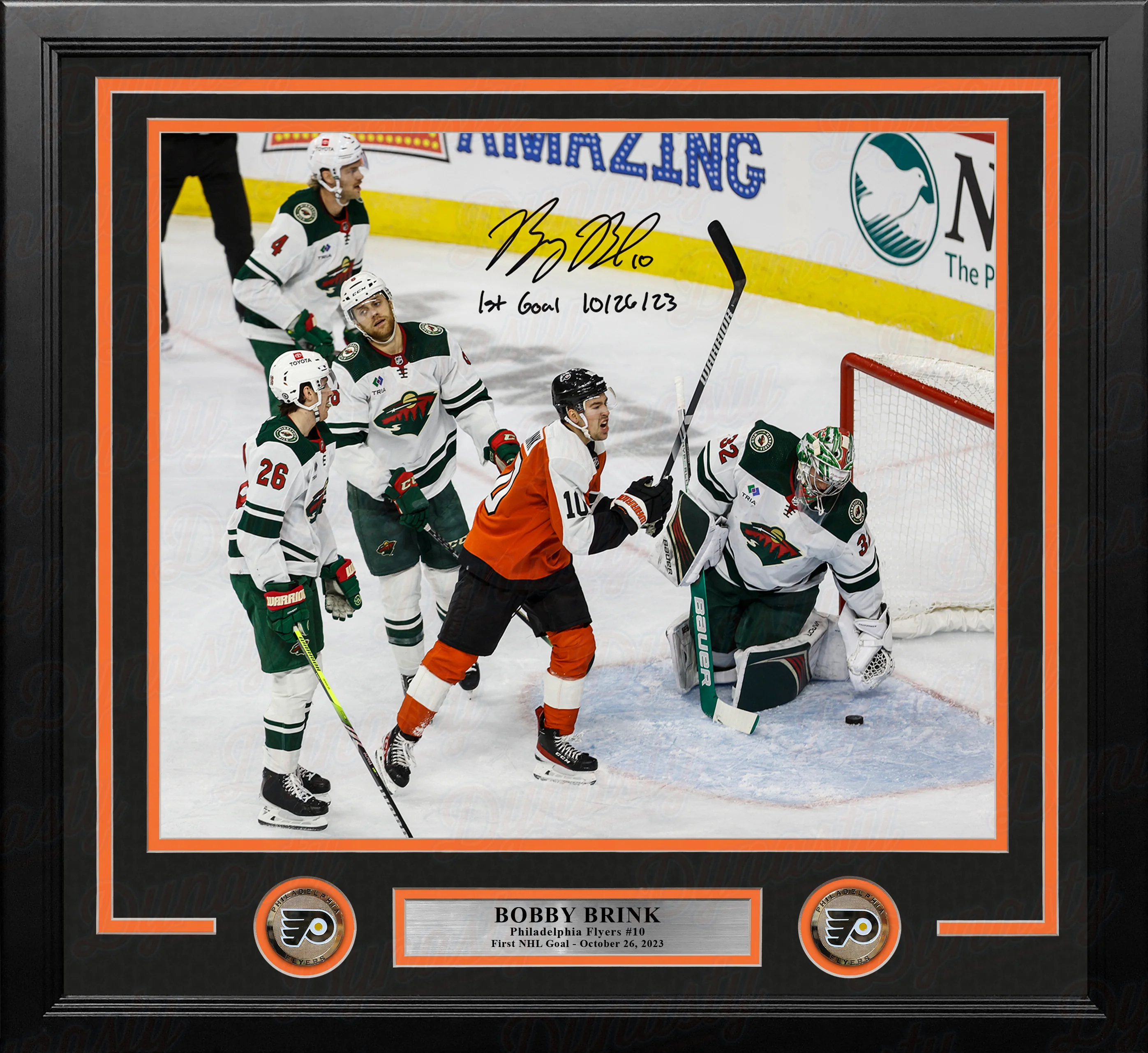 Bobby Brink 1st Career Goal Autographed Philadelphia Flyers 16x20 Framed Photo with Date Inscription