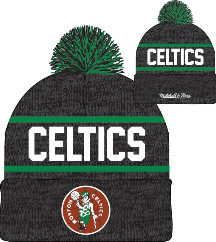 Boston Celtics Mitchell & Ness Gray Hardwood Classics Reload 2.0 Cuffed Knit Hat with Pom