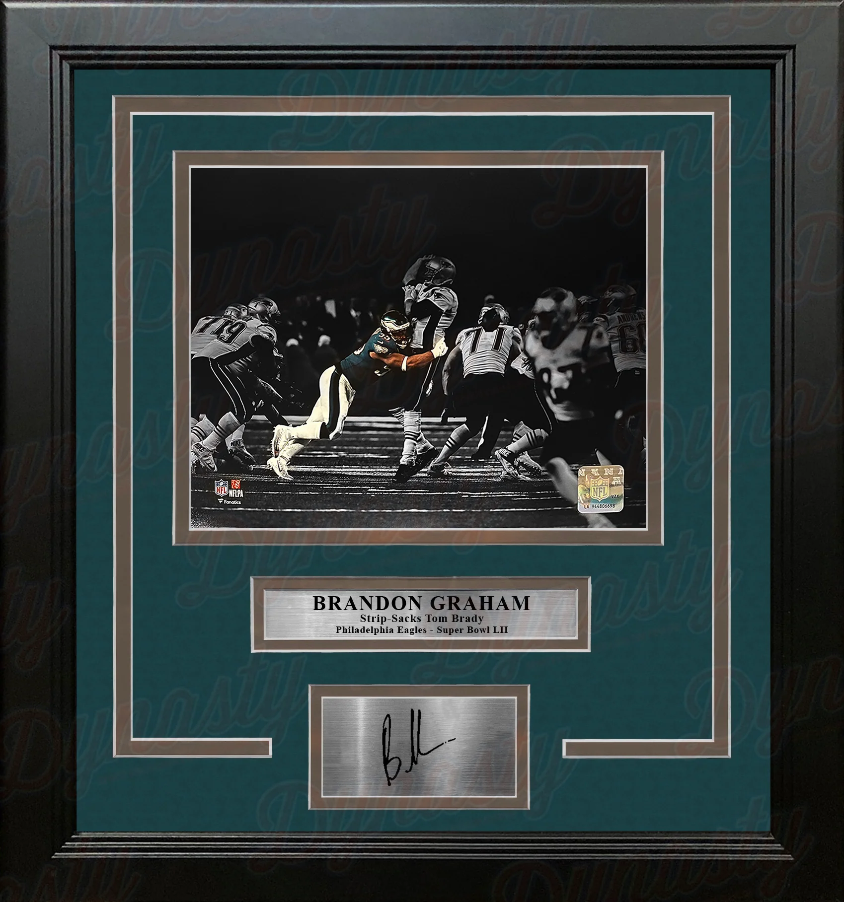 Brandon Graham Sacks Tom Brady Philadelphia Eagles 8x10 Blackout Framed Photo & Engraved Autograph - Image 2