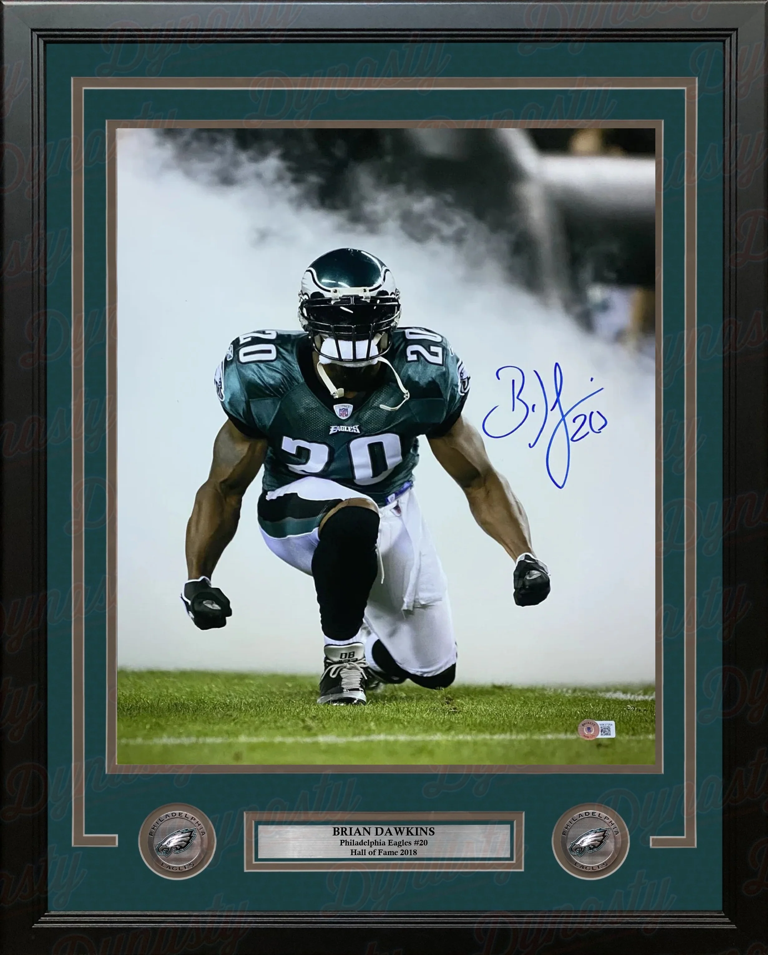 Brian Dawkins Kneeling in the Smoke Philadelphia Eagles Autographed 11" x 14" Framed Football Photo