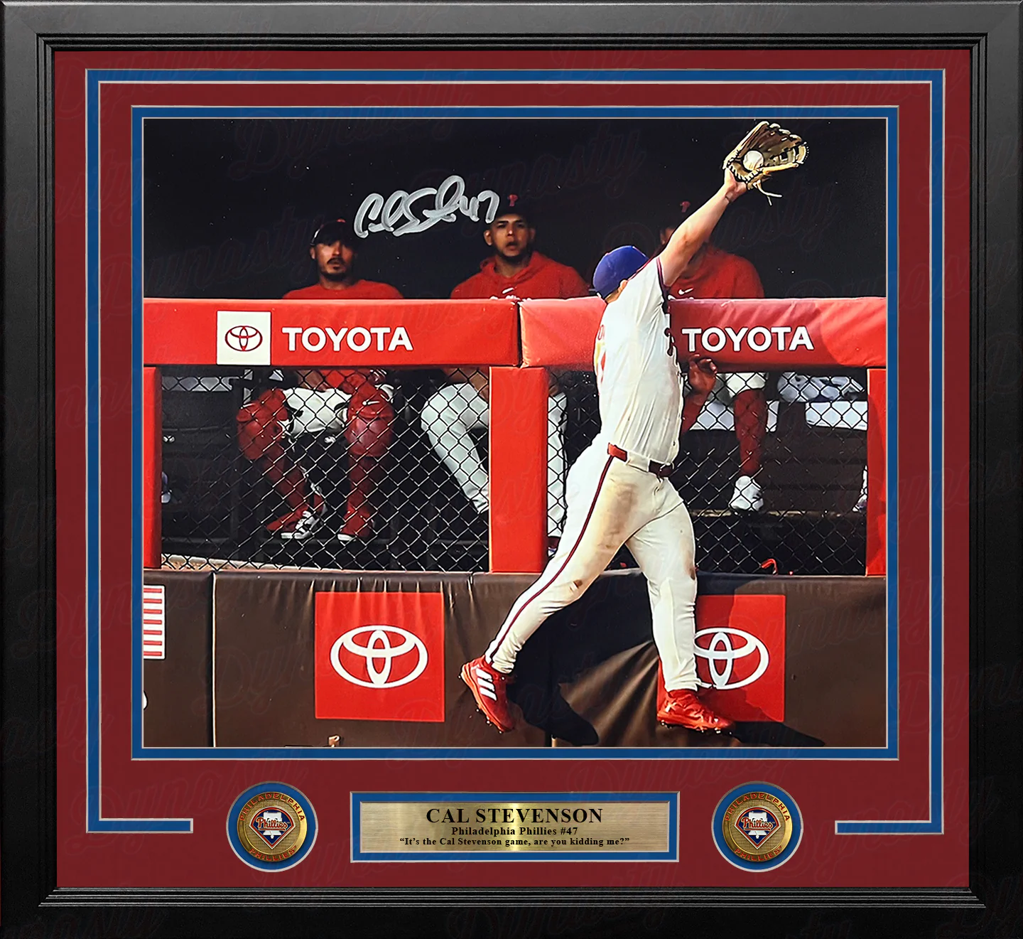 Cal Stevenson Robs the Mets Philadelphia Phillies Autographed 11" x 14" Framed Baseball Photo - Image 2