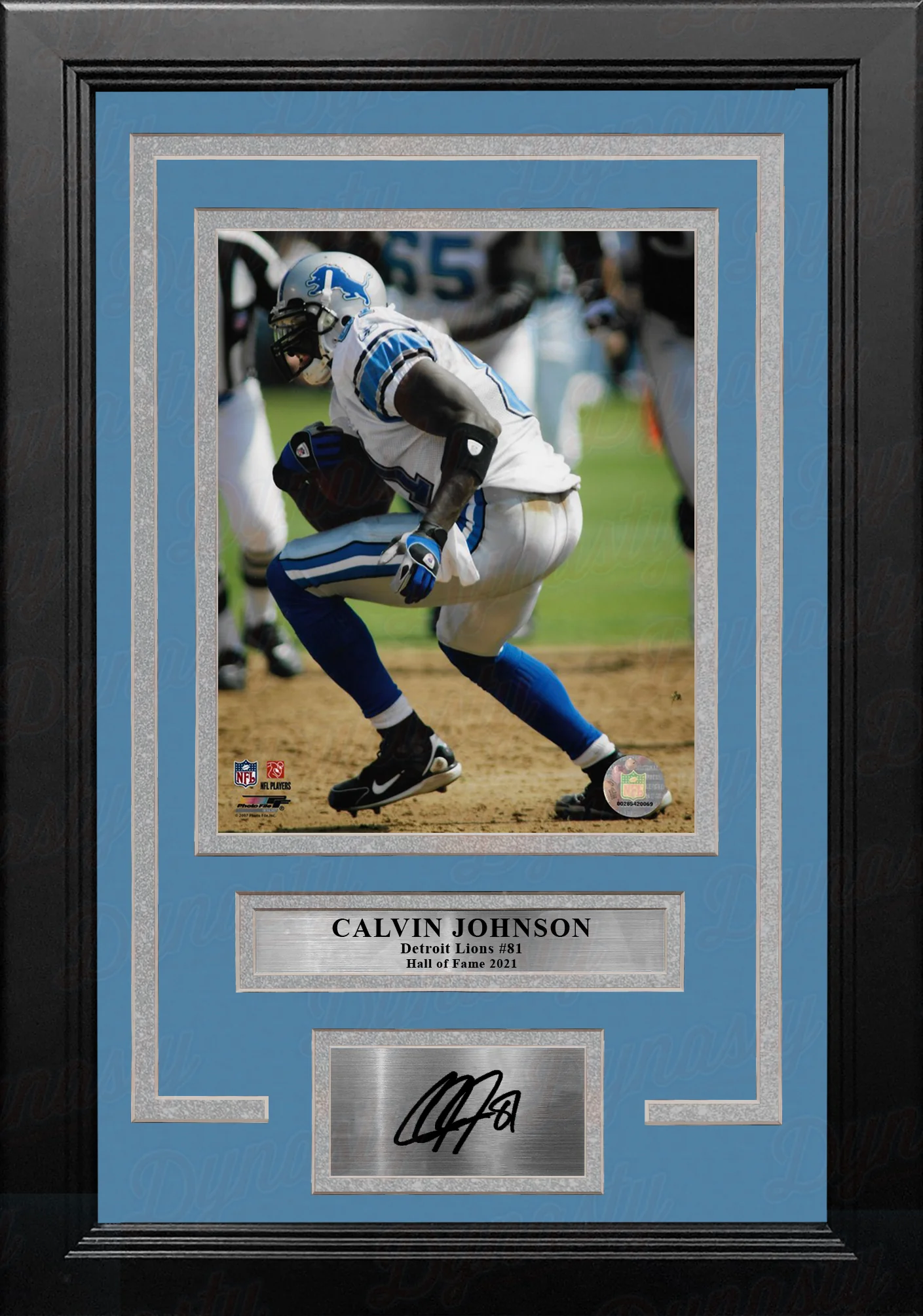Calvin Johnson in Action Detroit Lions 8" x 10" Framed Football Photo with Engraved Autograph - Image 2