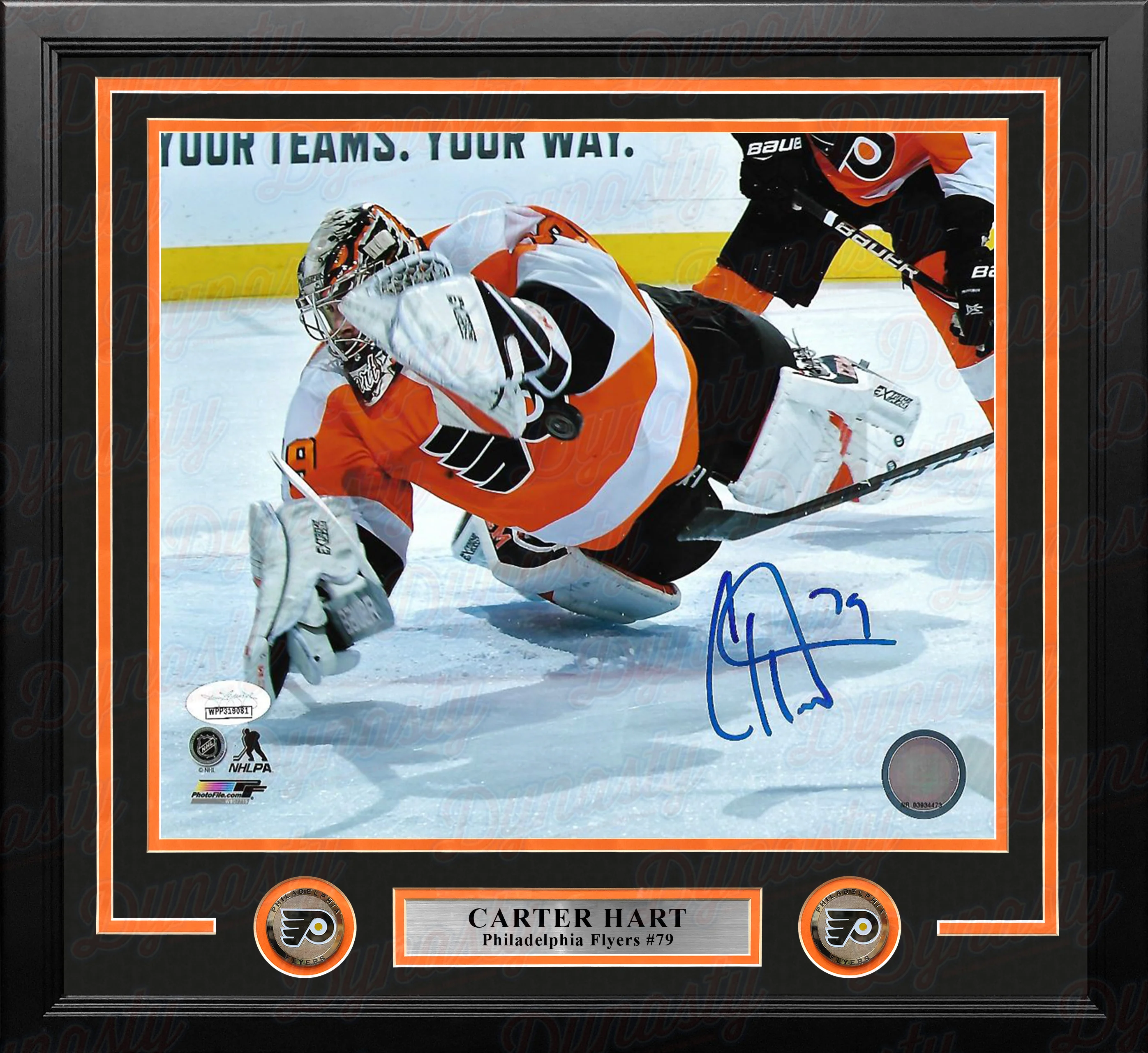 Carter Hart Philadelphia Flyers Diving Save vs. Canucks Autographed Framed Hockey Photo - Image 2