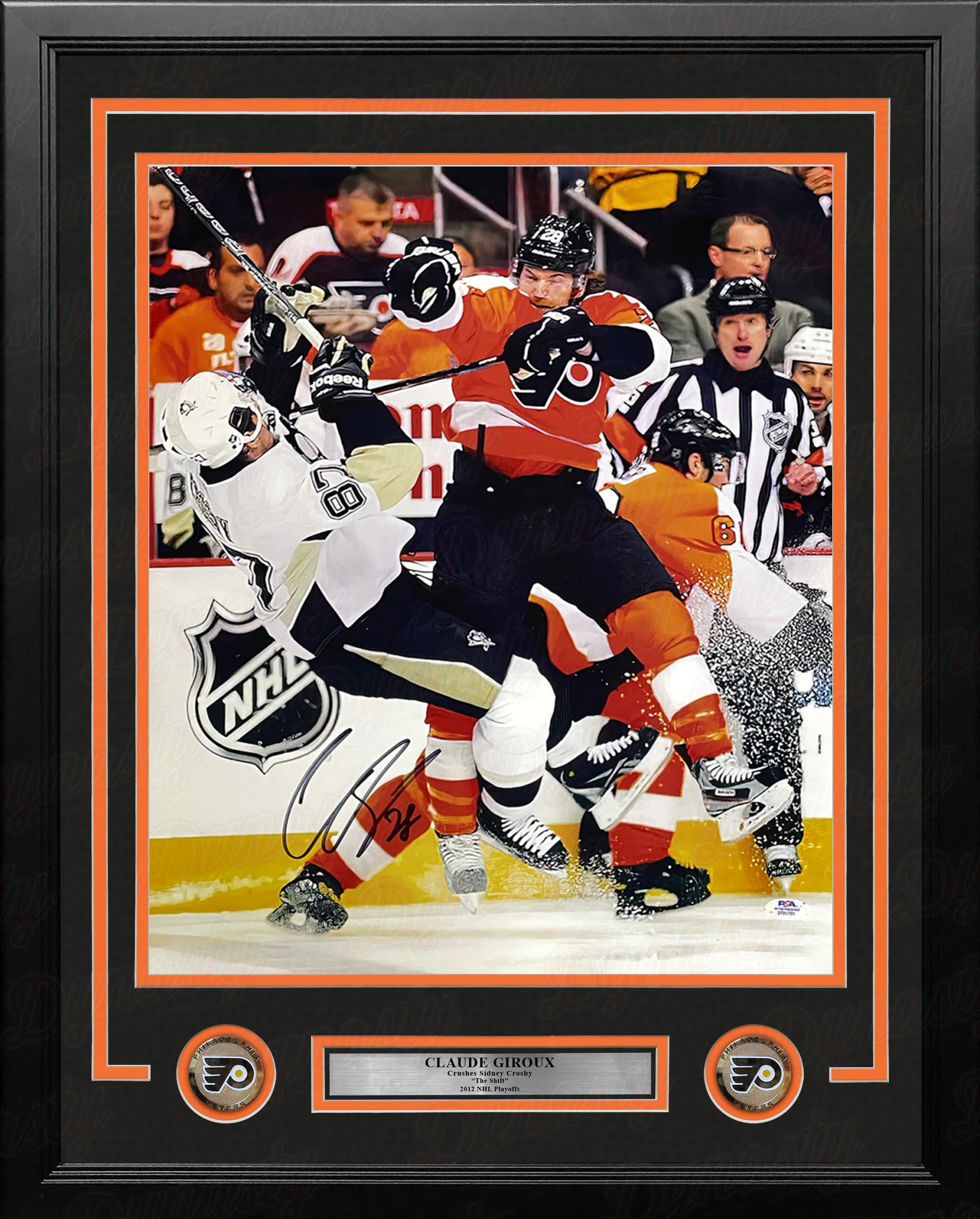 Claude Giroux Hits Sidney Crosby Philadelphia Flyers Autographed 16" x 20" Framed Hockey Photo - Image 2