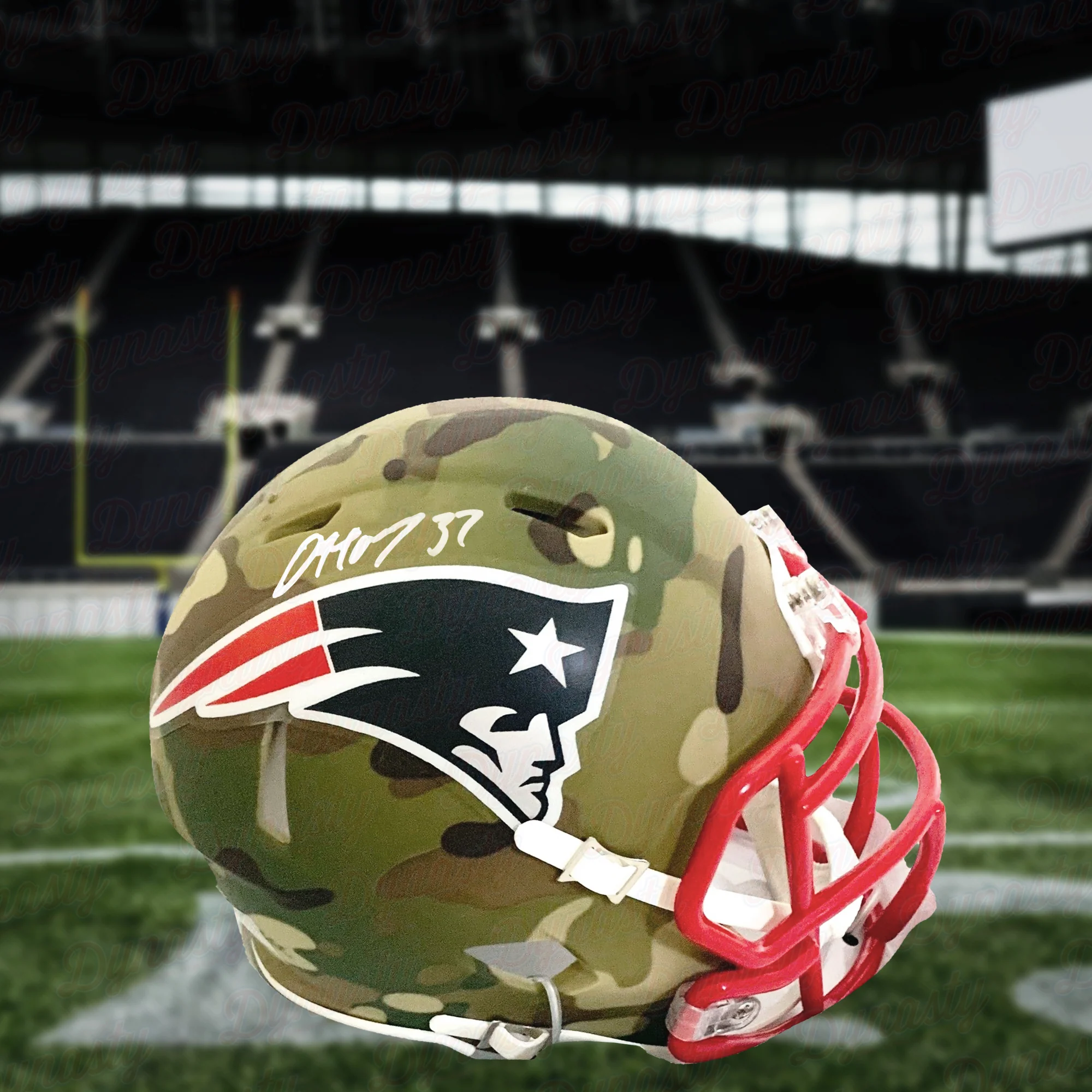 Damien Harris New England Patriots Autographed Camo Mini-Helmet