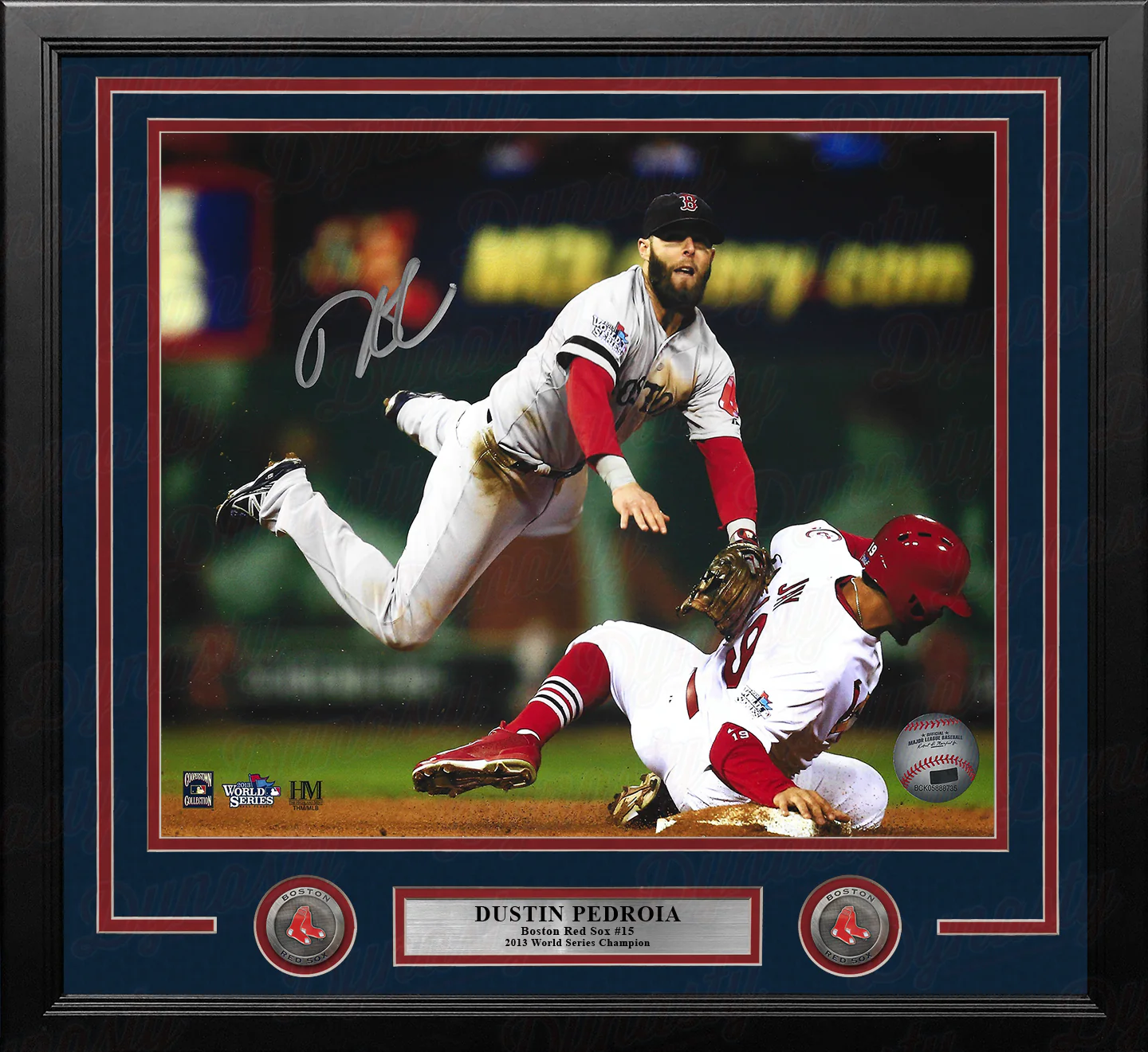 Dustin Pedroia 2013 World Series Action Boston Red Sox Autographed 16" x 20" Framed Baseball Photo - Image 2