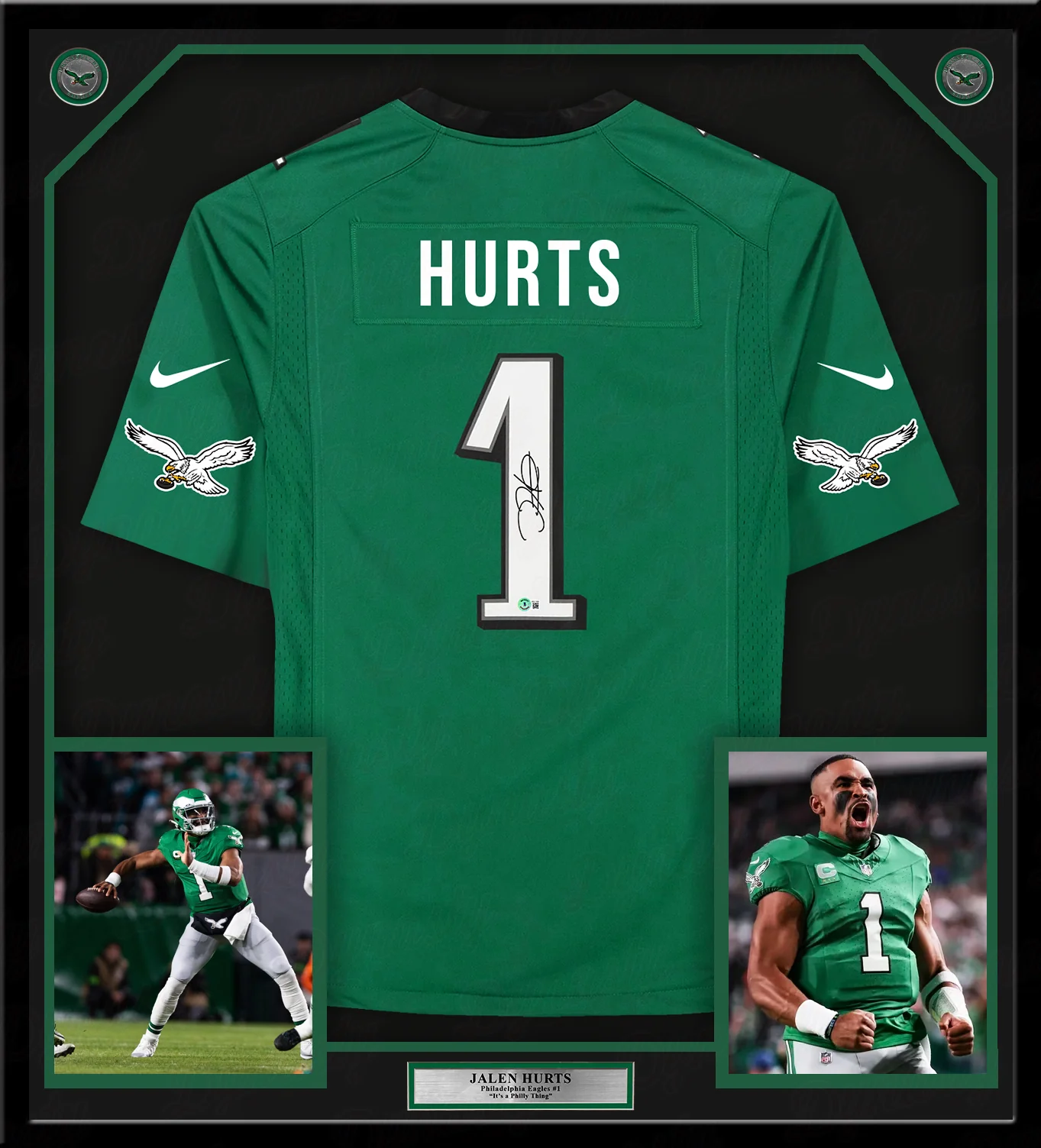 Jalen Hurts Philadelphia Eagles Autographed Framed Kelly Green Alternate Jersey - Image 2