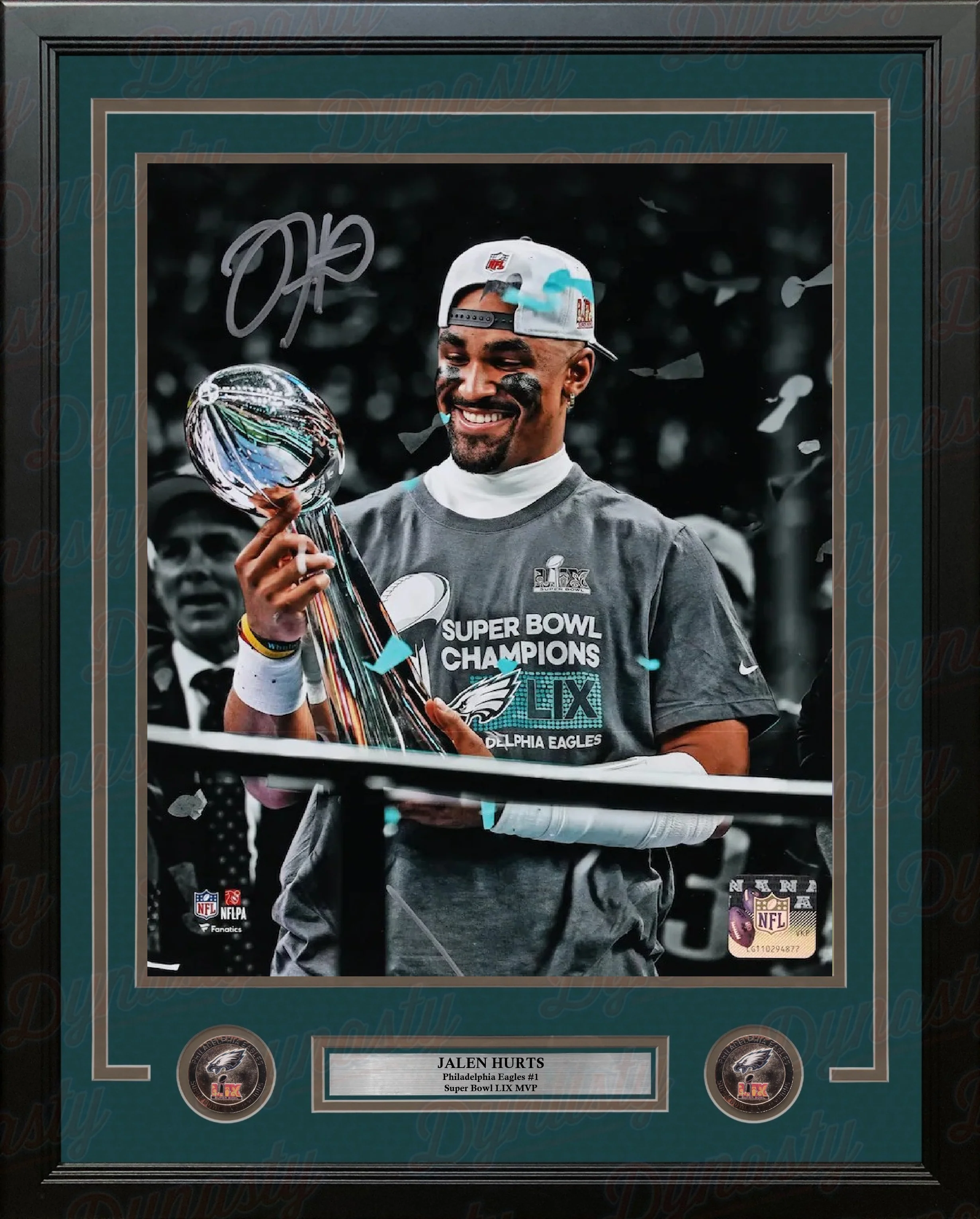 Jalen Hurts Super Bowl LIX Trophy Philadelphia Eagles Autographed 16" x 20" Framed Blackout Photo
