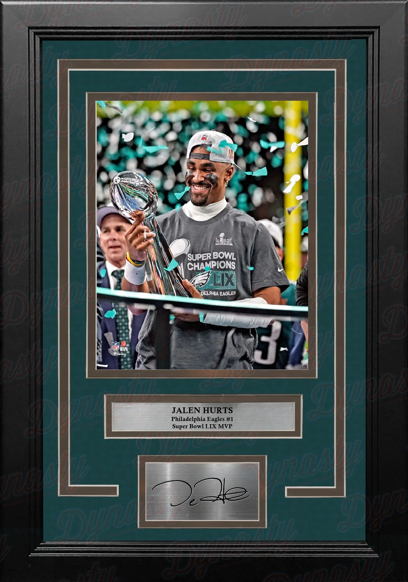 Jalen Hurts Trophy Philadelphia Eagles Super Bowl Champions 11x14 Framed Photo & Engraved Autograph