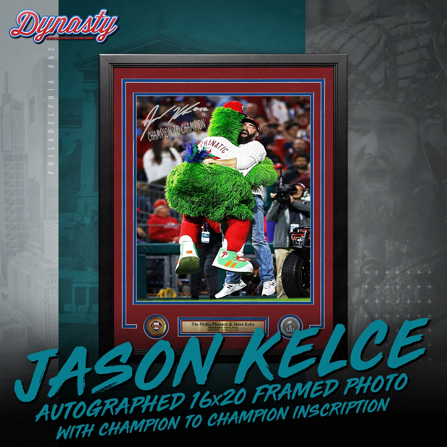 Jason Kelce Celebrates with The Phillie Phanatic NLCS Autographed Framed Photo | Retirement Pre-Sale Opportunity - Image 11