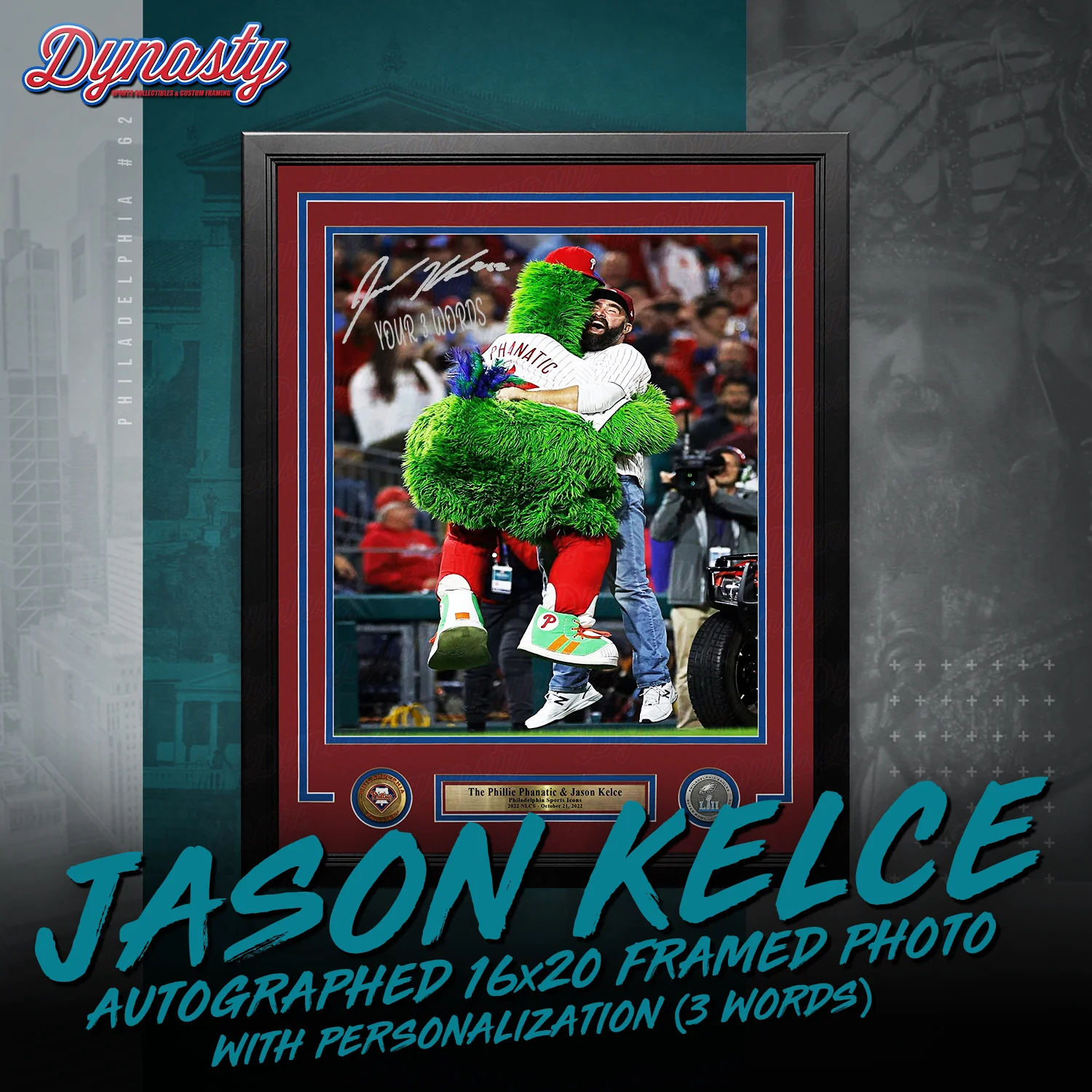 Jason Kelce Celebrates with The Phillie Phanatic NLCS Autographed Framed Photo | Retirement Pre-Sale Opportunity - Image 12