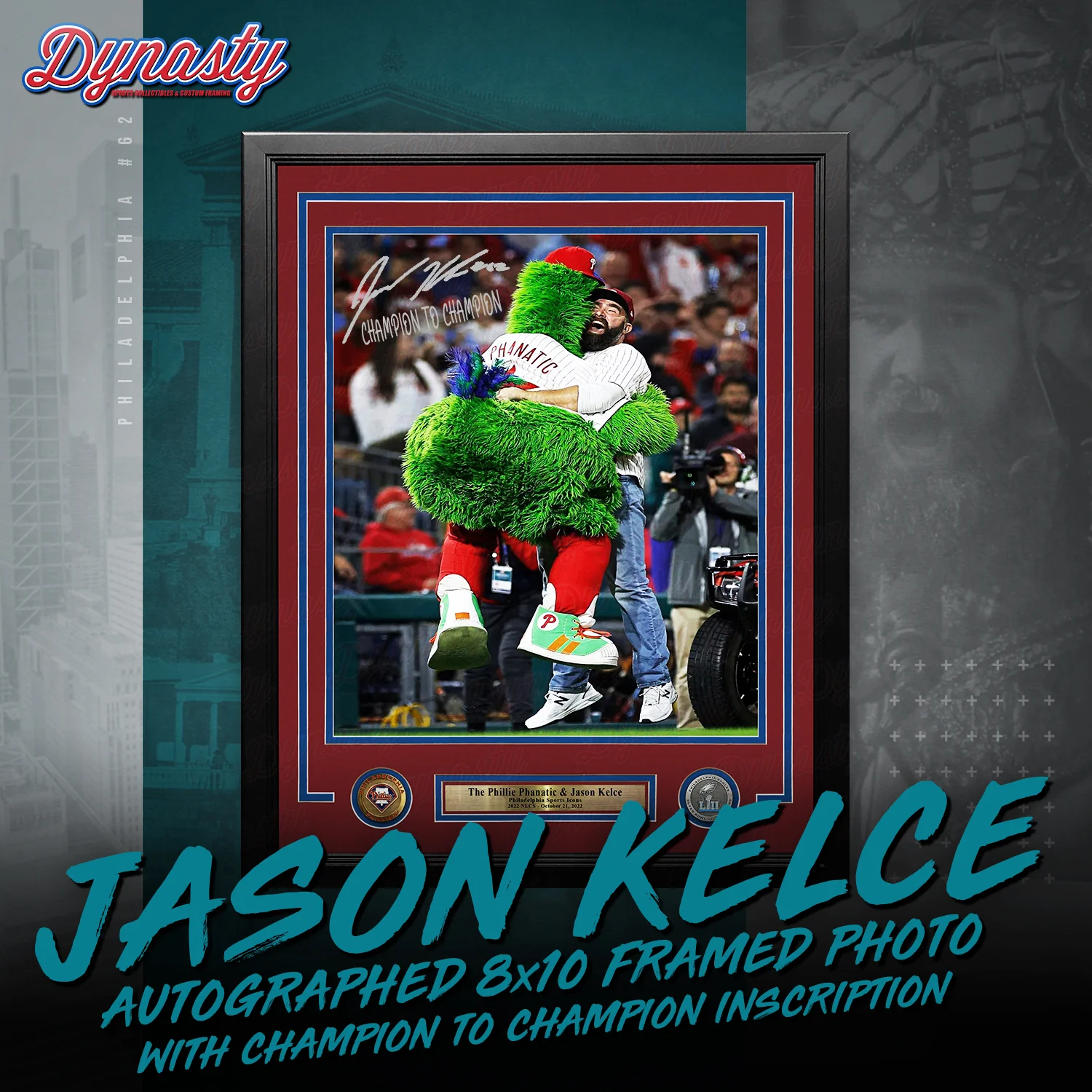 Jason Kelce Celebrates with The Phillie Phanatic NLCS Autographed Framed Photo | Retirement Pre-Sale Opportunity - Image 3