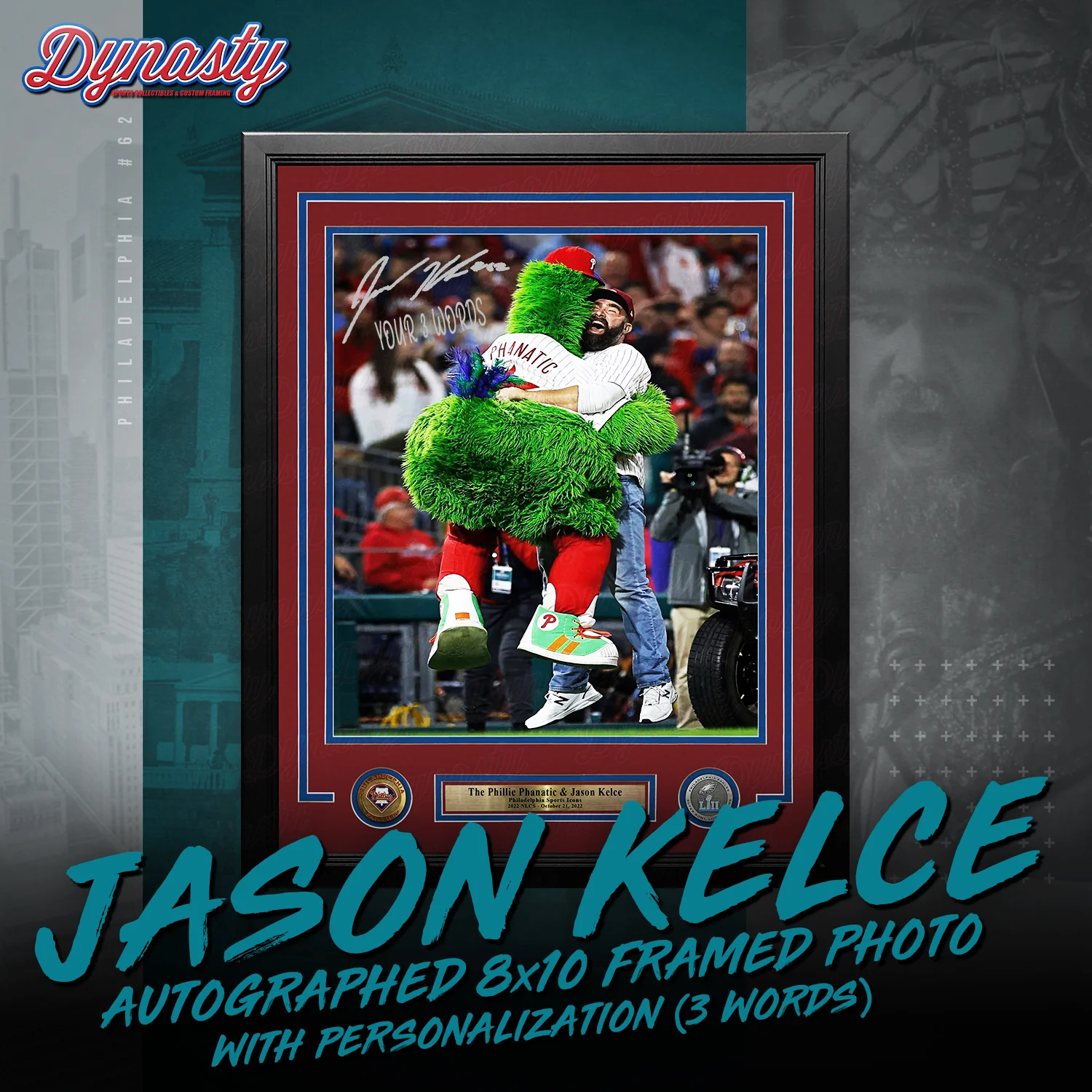 Jason Kelce Celebrates with The Phillie Phanatic NLCS Autographed Framed Photo | Retirement Pre-Sale Opportunity - Image 4