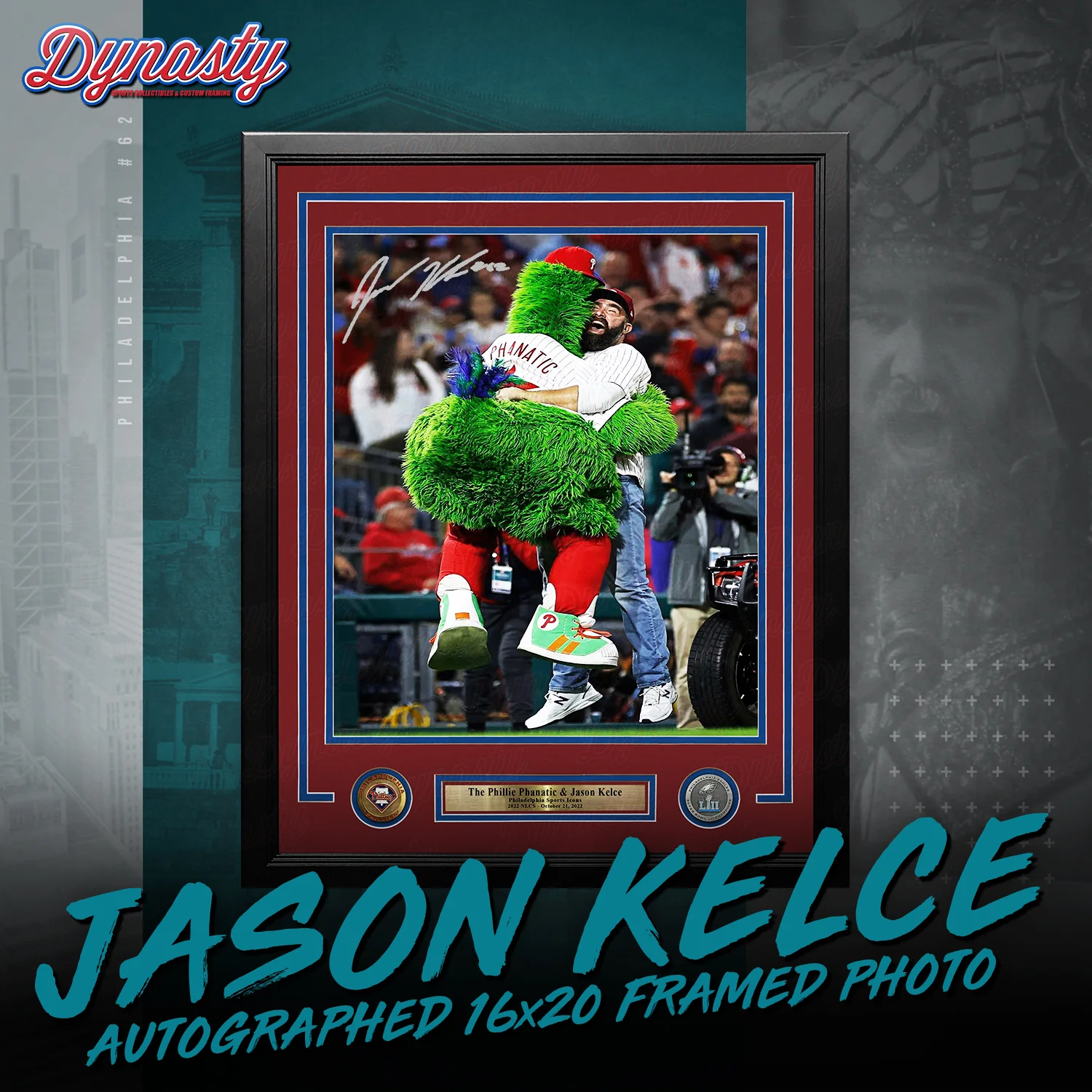 Jason Kelce Celebrates with The Phillie Phanatic NLCS Autographed Framed Photo | Retirement Pre-Sale Opportunity - Image 9