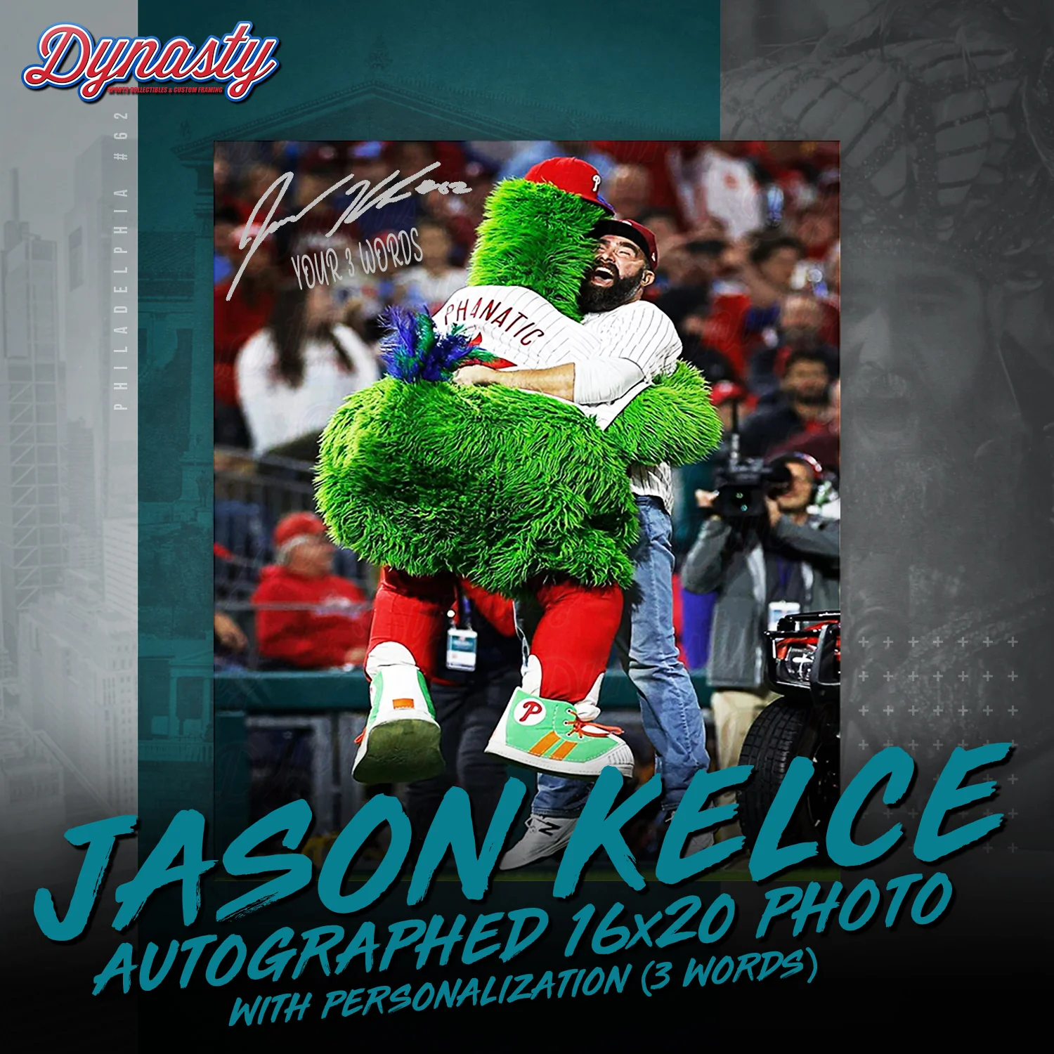 Jason Kelce Celebrates with The Phillie Phanatic NLCS Autographed Photo | Retirement Pre-Sale Opportunity - Image 12