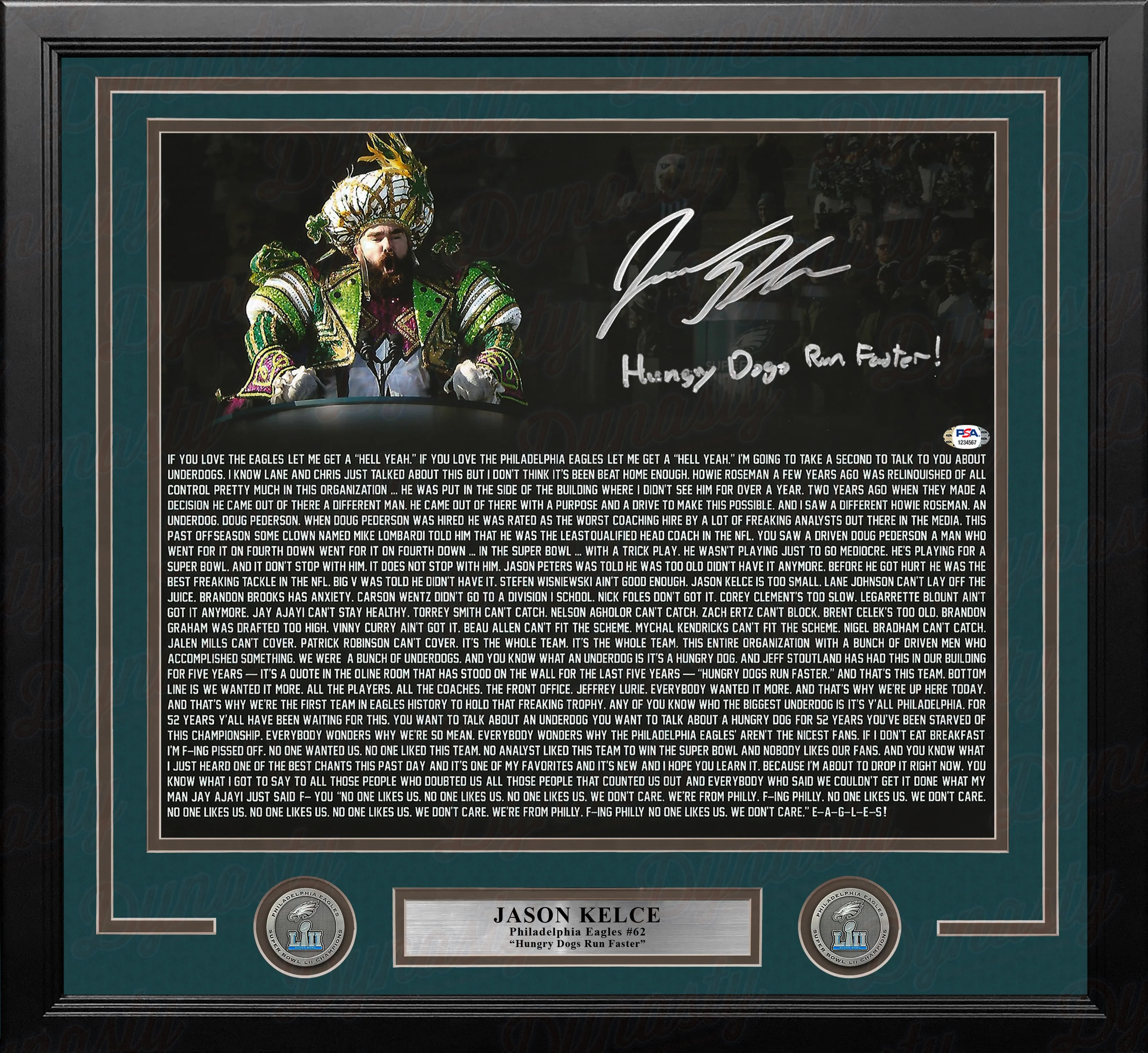Jason Kelce Super Bowl Speech Text Eagles Autographed 16x20 Framed Photo - Hungry Dogs Run Faster - Image 2