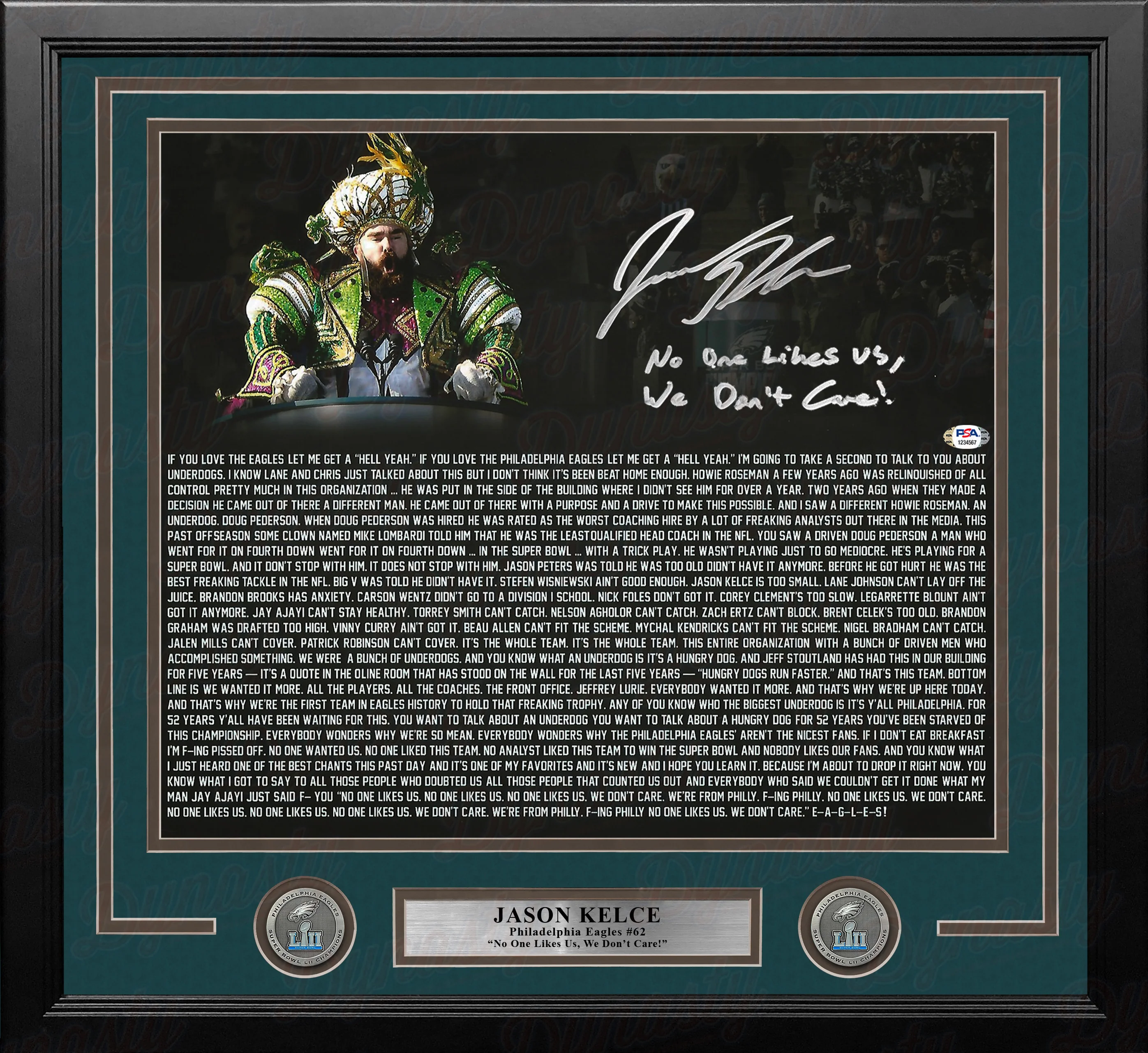 Jason Kelce Super Bowl Speech Text Eagles Autographed 16x20 Framed Photo - No One Likes Us - Image 2