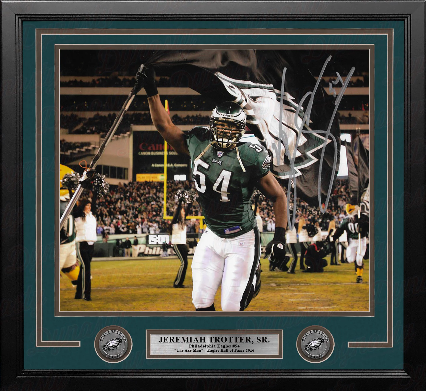 Jeremiah Trotter, Sr. Flag Philadelphia Eagles Autographed 16" x 20" Framed Football Photo - Image 2