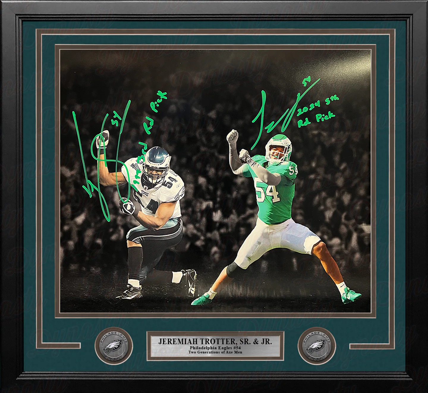 Jeremiah Trotter Sr & Jr Philadelphia Eagles Autographed 16x20 Framed Photo with Draft Inscriptions - Image 2