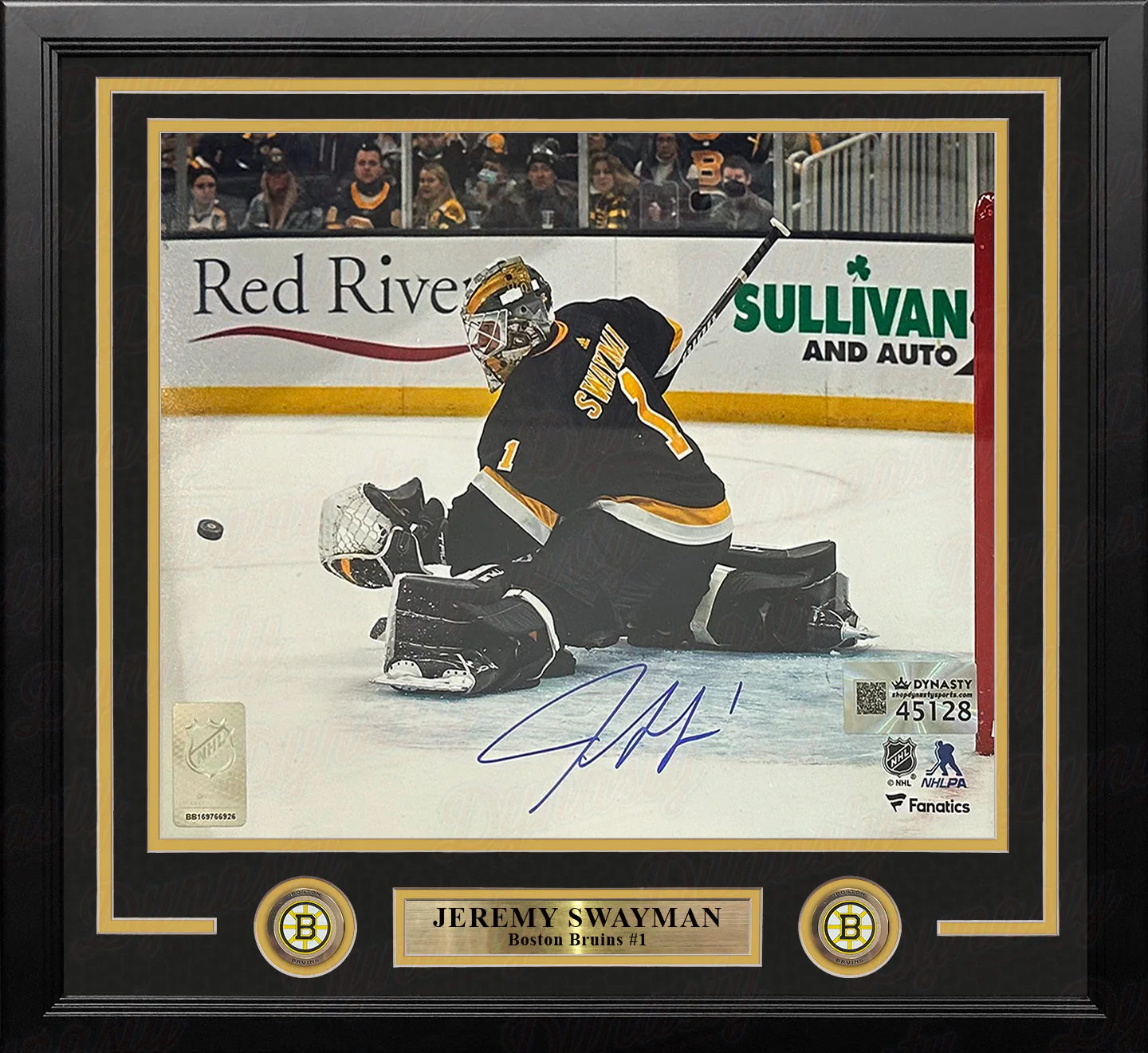 Jeremy Swayman Glove Save Boston Bruins Autographed 11" x 14" Framed Hockey Photo - Image 2