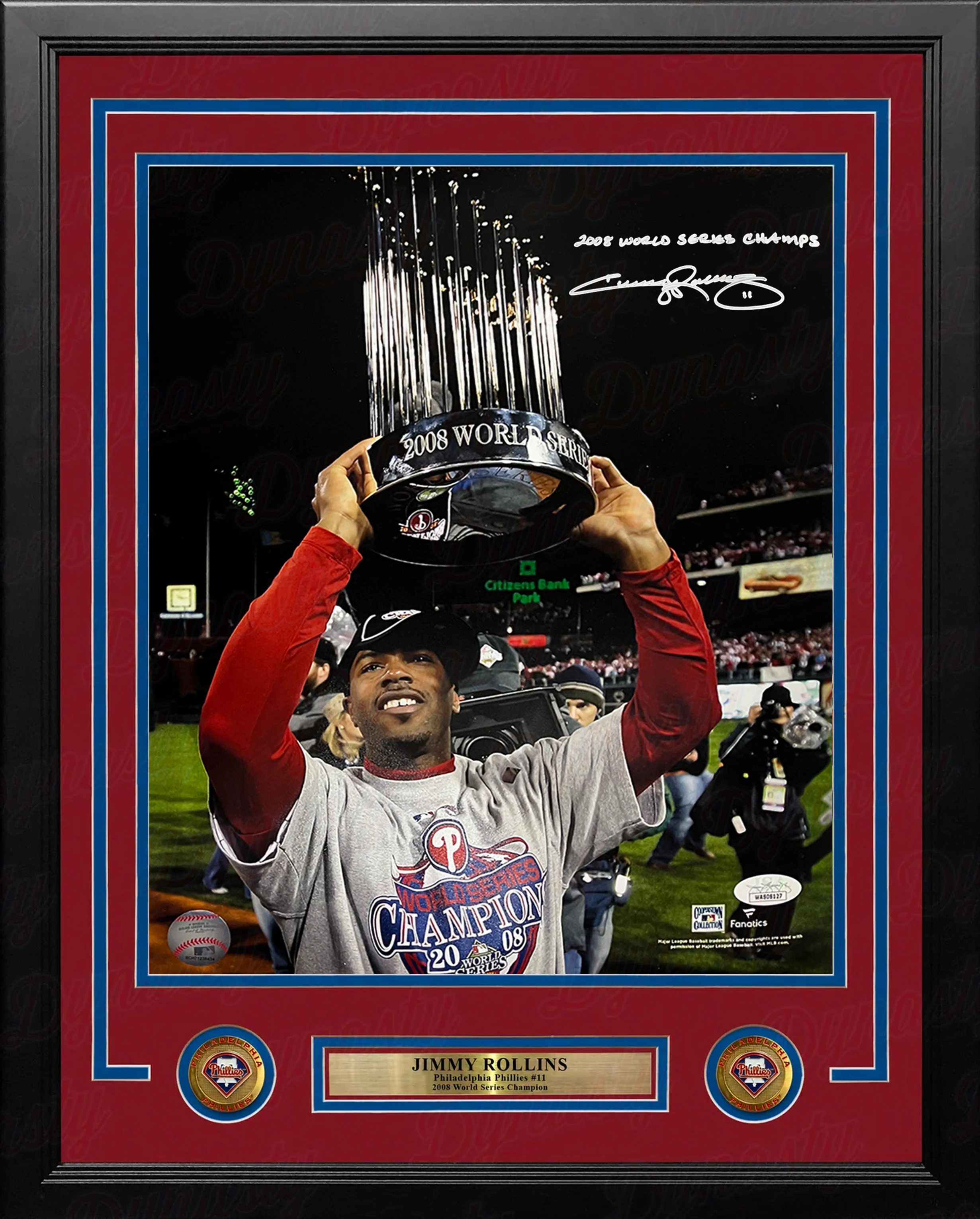 Jimmy Rollins Trophy Autographed Philadelphia Phillies 16x20 Framed Photo: World Series Champs (JSA)