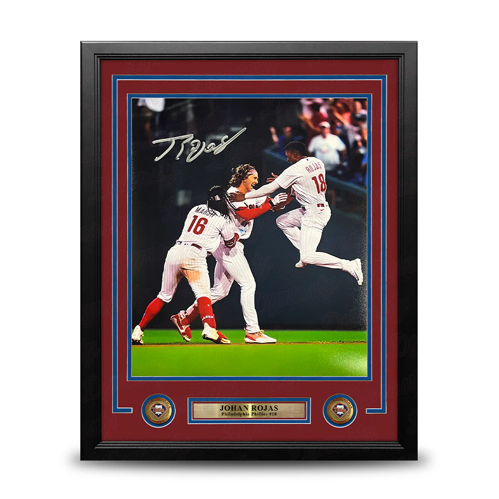 Johan Rojas Celebration Philadelphia Phillies Autographed 11" x 14" Framed Baseball Photo