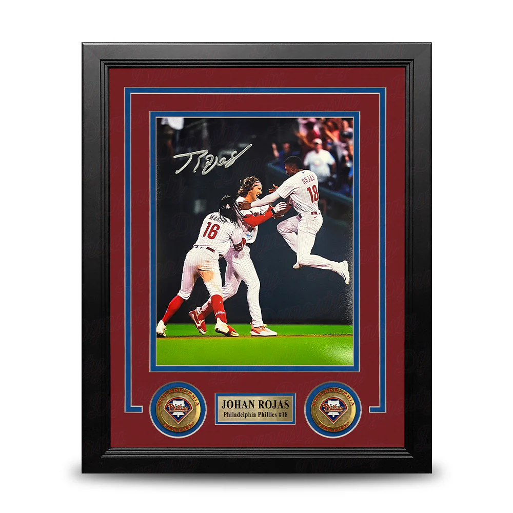 Johan Rojas Celebration Philadelphia Phillies Autographed 8" x 10" Framed Baseball Photo