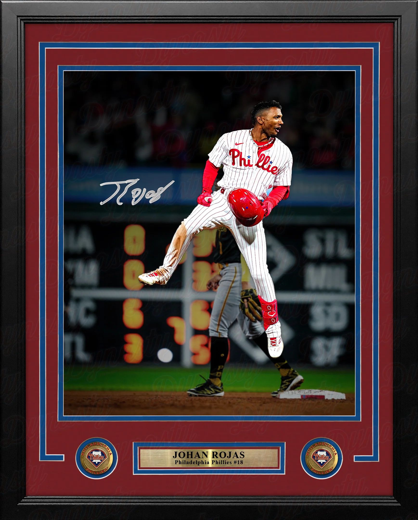 Johan Rojas Jumping on Base Philadelphia Phillies Autographed 11" x 14" Framed Baseball Photo - Image 2