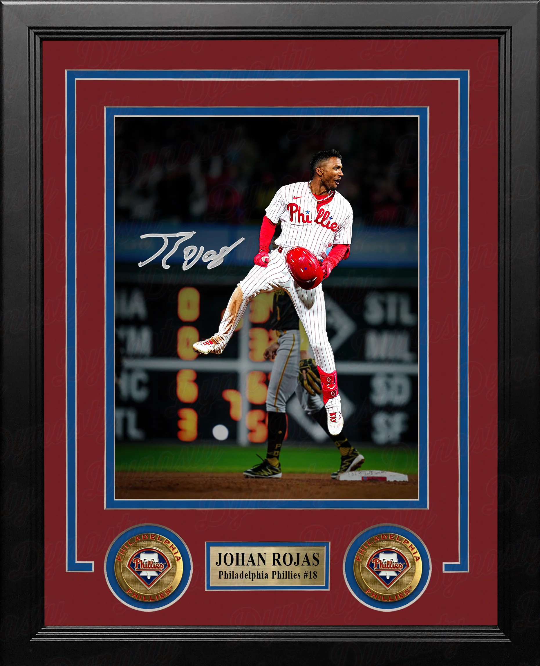 Johan Rojas Jumping on Base Philadelphia Phillies Autographed 8" x 10" Framed Baseball Photo - Image 2