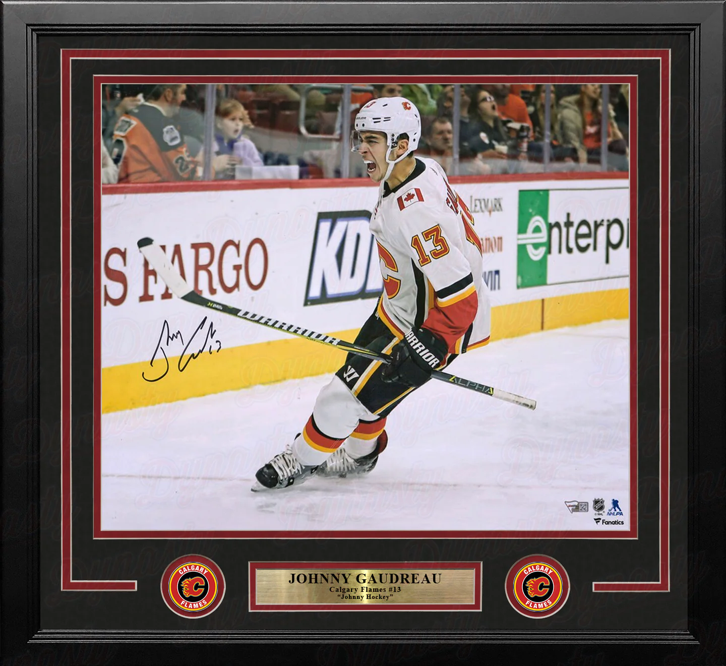 Johnny Gaudreau Celebration Calgary Flames Autographed 16" x 20" Framed Hockey Photo - Image 2