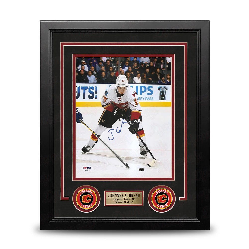 Johnny Gaudreau Fights for the Puck Calgary Flames Autographed 8" x 10" Framed Hockey Photo