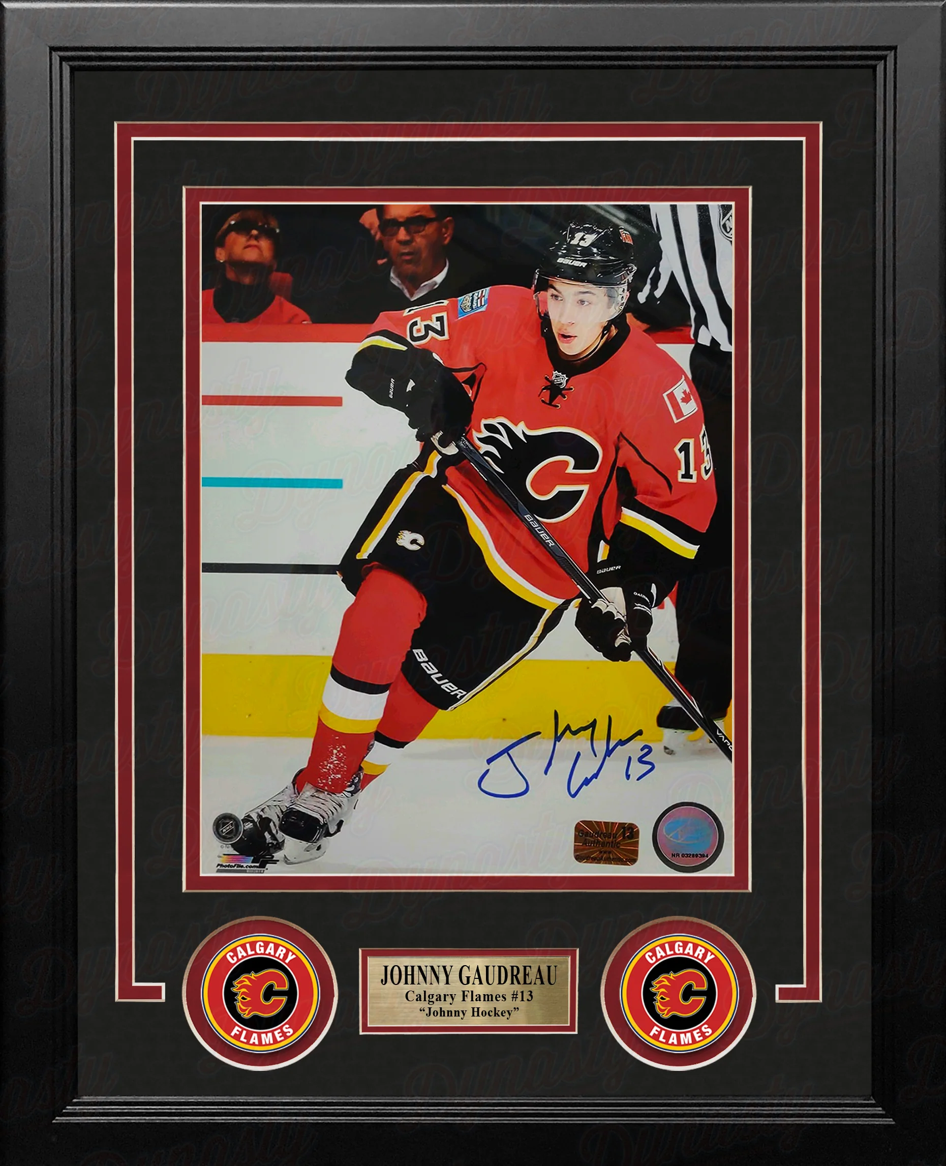Johnny Gaudreau in Action Calgary Flames Autographed 8" x 10" Framed Hockey Photo - Image 2