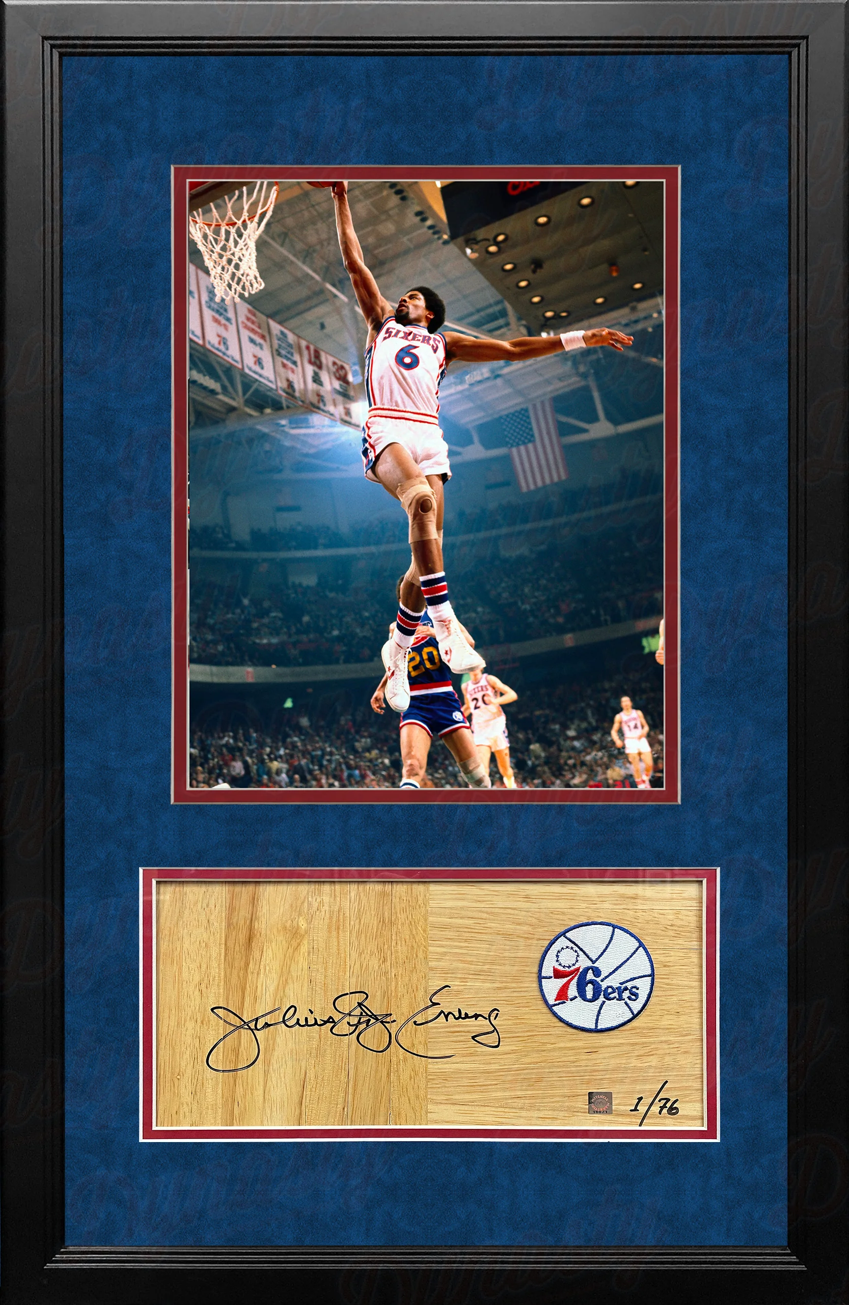 Julius Erving Philadelphia 76ers Framed 11x14 Windmill Dunk Basketball Photo w/ Autographed Hardwood - Image 2
