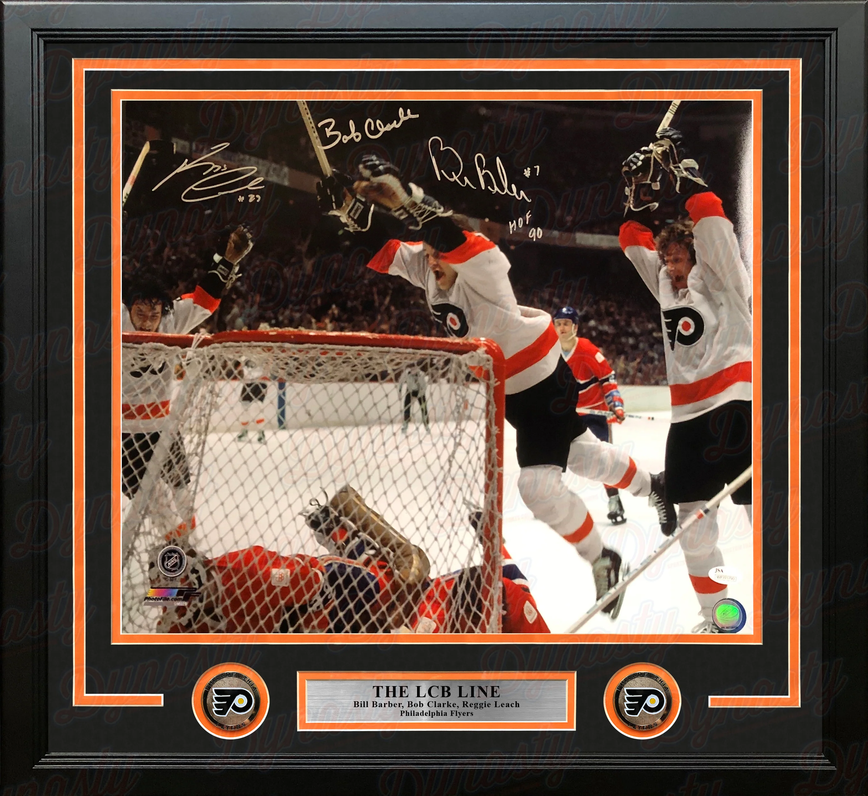 LCB Line (Bob Clarke, Bill Barber, Reggie Leach) Goal Flyers Autographed 16x20 Framed Hockey Photo