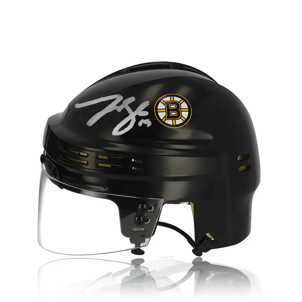 Matthew Poitras & Johnny Beecher Boston Bruins Autographed NHL Hockey Bauer Black Mini-Helmet - Image 2
