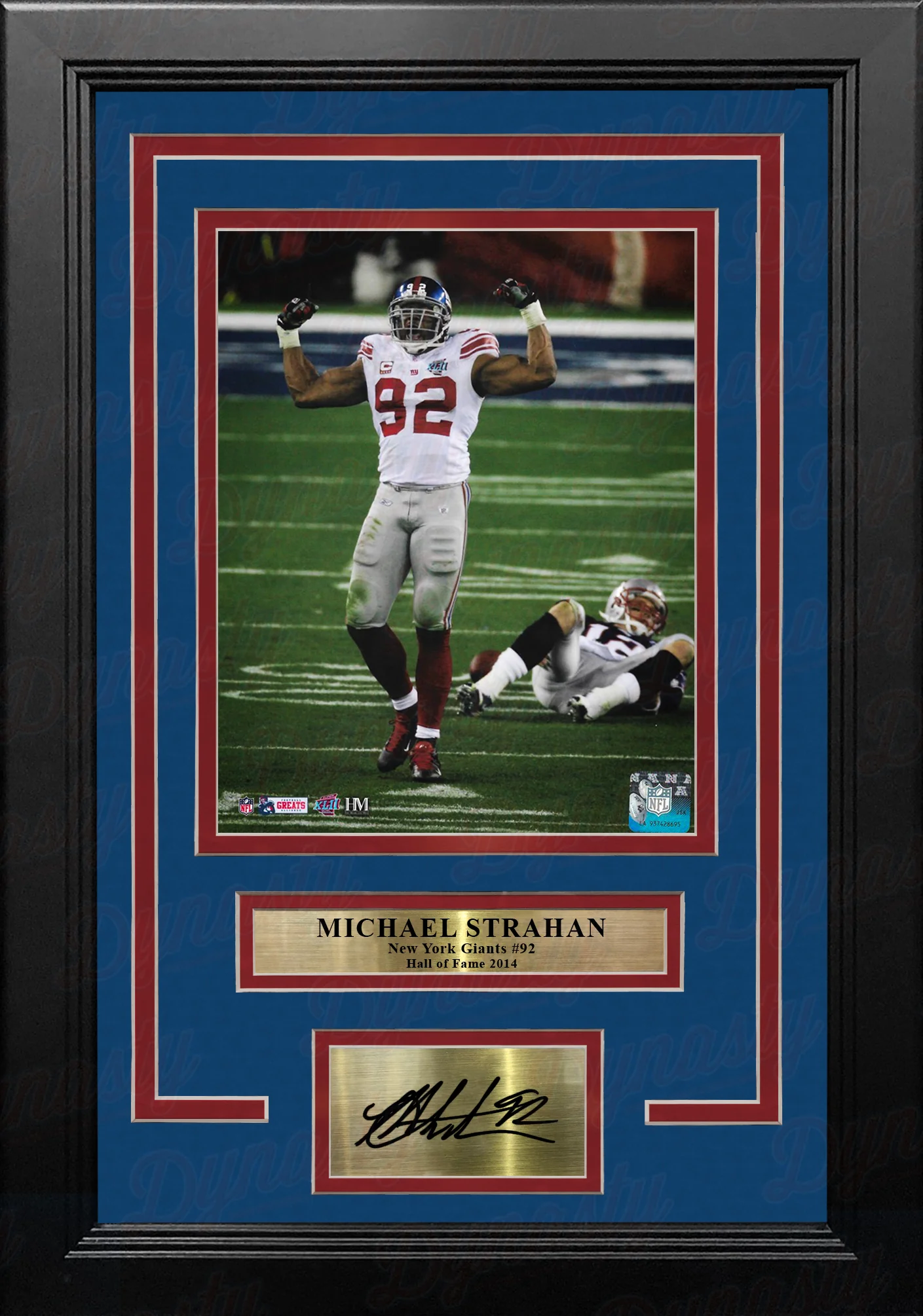 Michael Strahan Over Brady Super Bowl XLII NY Giants 8x10 Framed Photo with Engraved Autograph