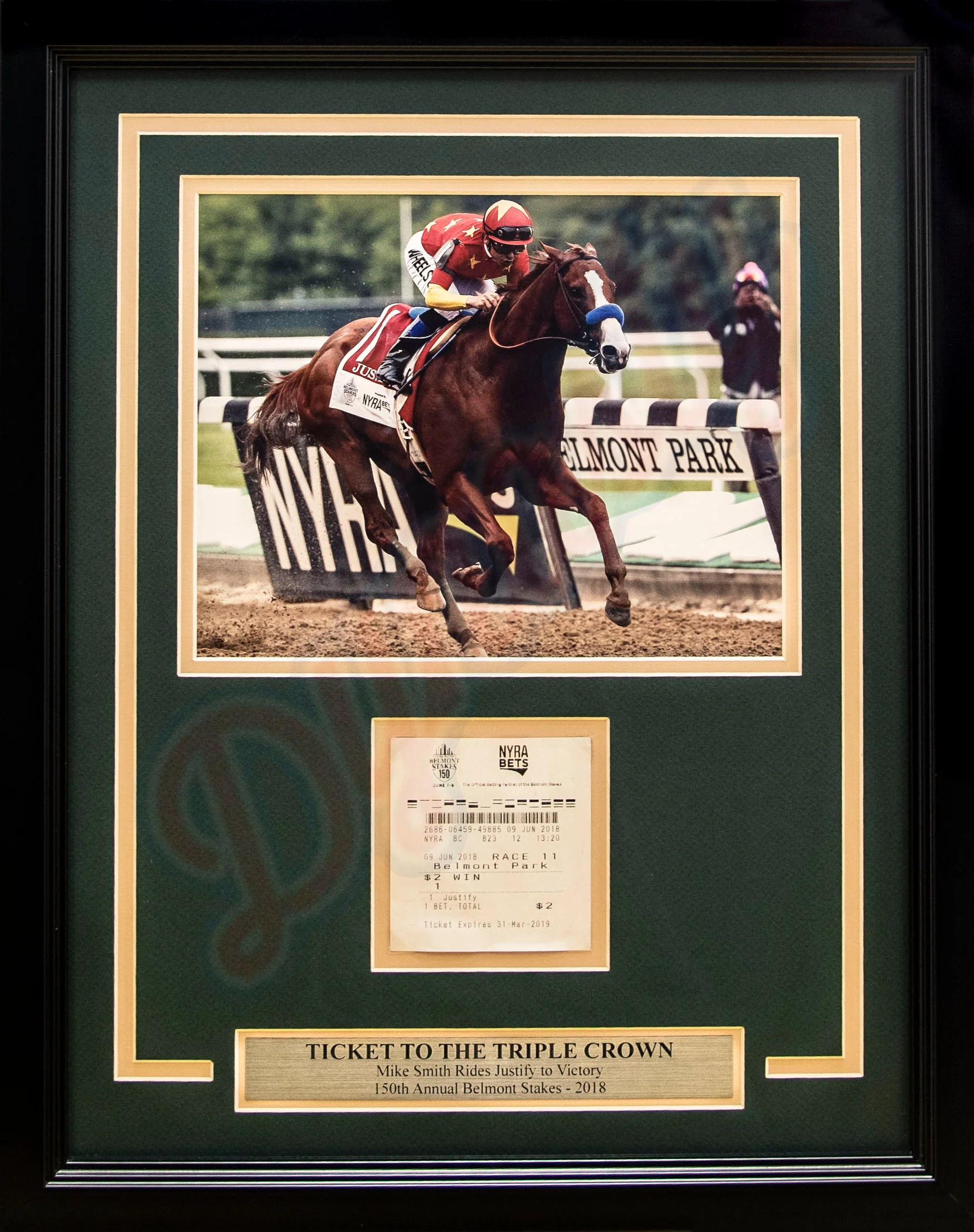Mike Smith & Justify 2018 Belmont Stakes Framed and Matted Horse Racing Ticket Collage