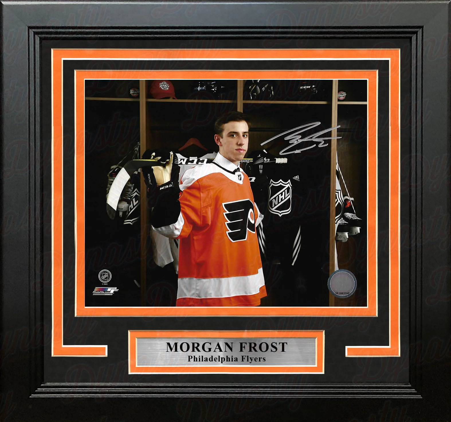 Morgan Frost Locker Room Autographed Philadelphia Flyers Framed Hockey Photo