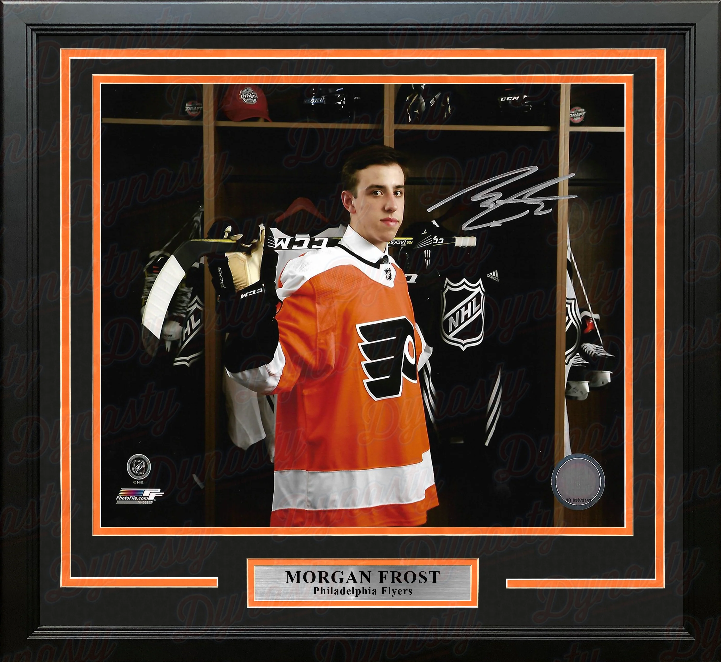 Morgan Frost Locker Room Autographed Philadelphia Flyers Framed Hockey Photo - Image 2