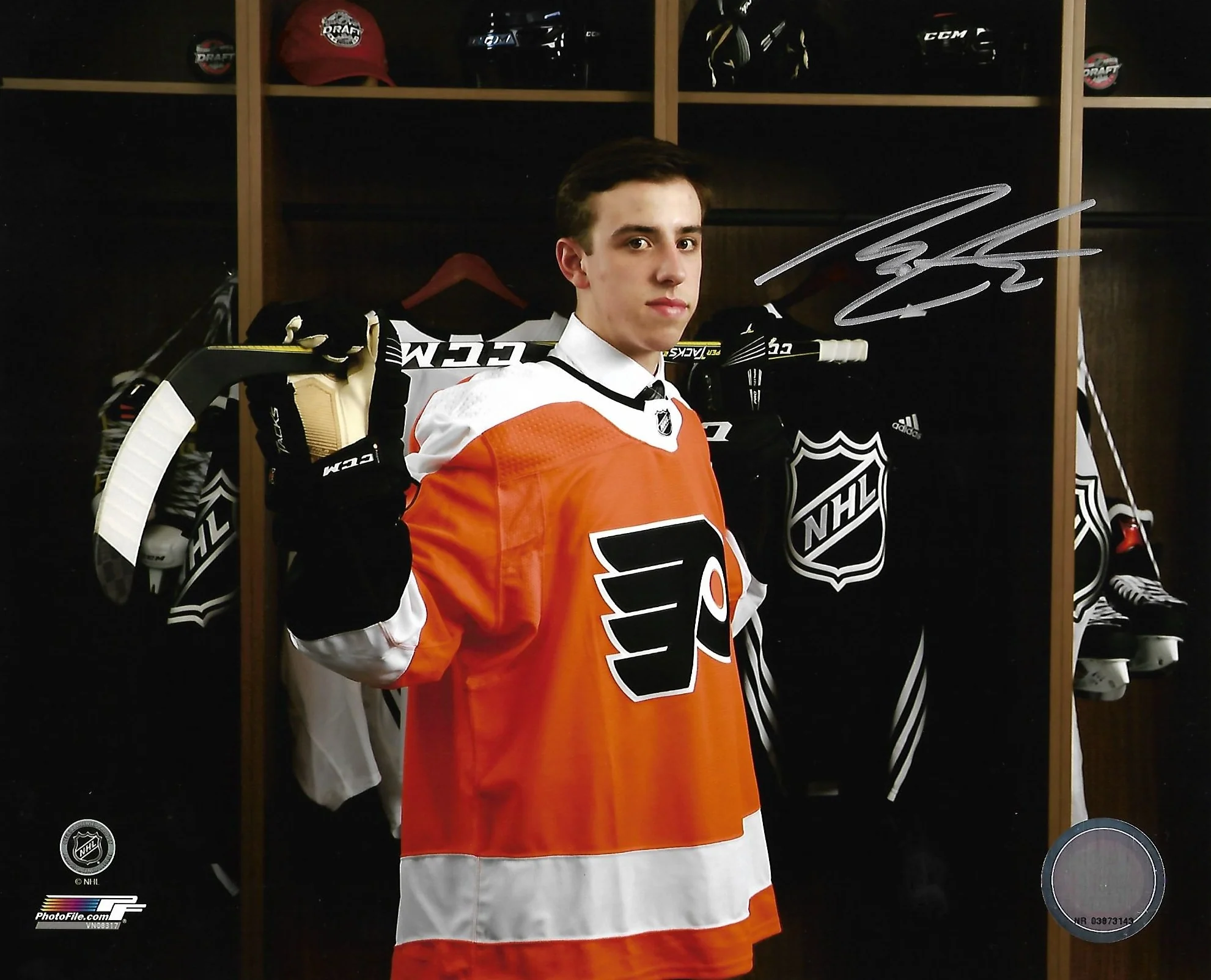 Morgan Frost Locker Room Autographed Philadelphia Flyers Hockey Photo