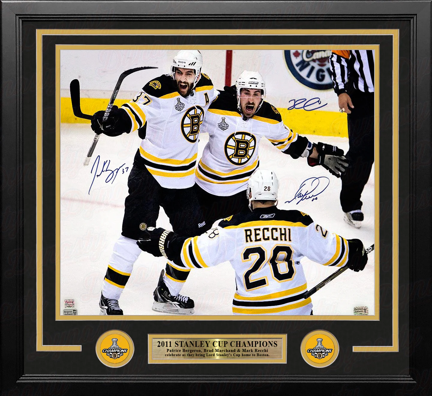 Patrice Bergeron, Mark Recchi, & Brad Marchand Autographed Boston Bruins 11" x 14" Framed Photo - Image 2