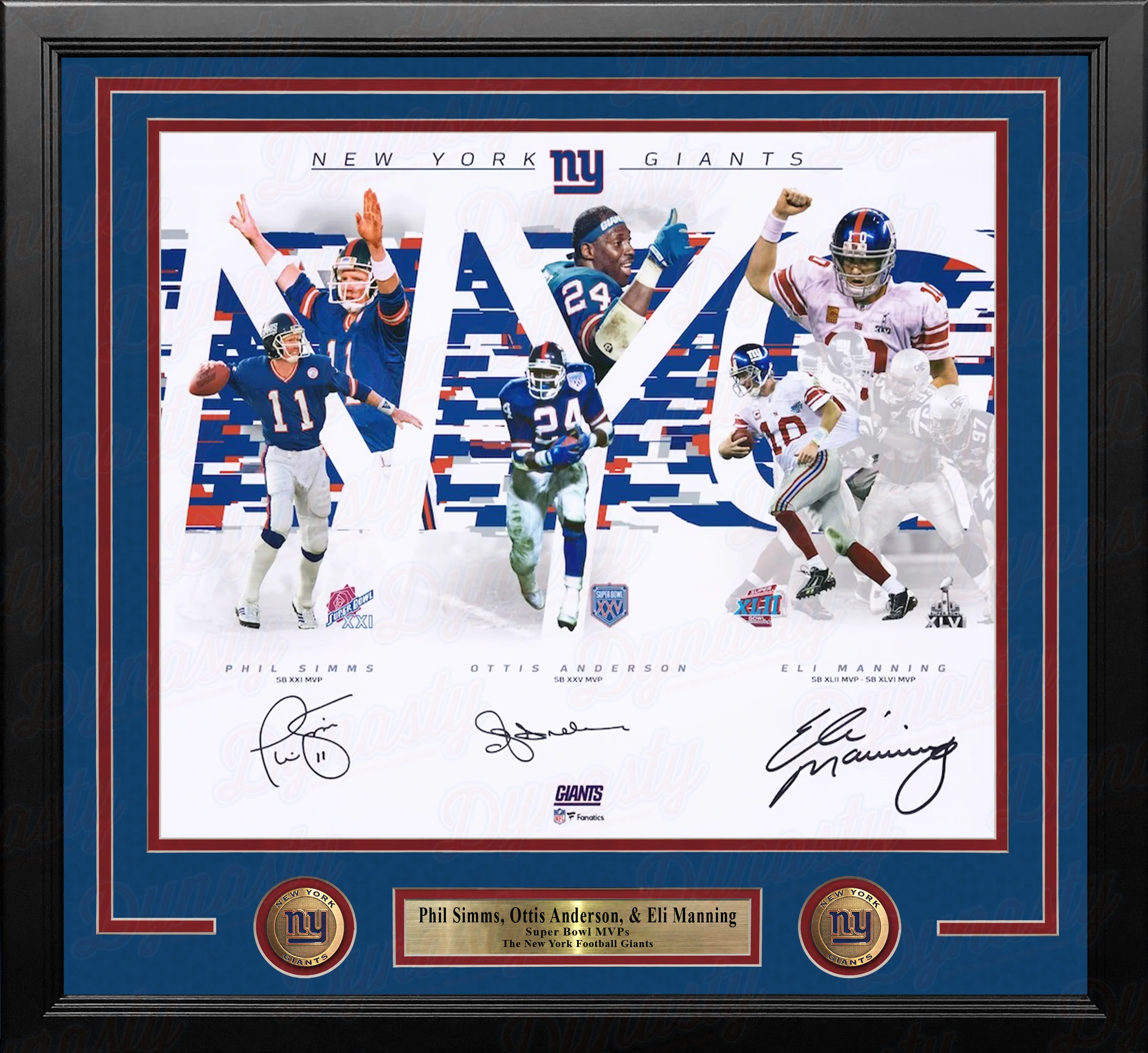 Phil Simms, Ottis Anderson, & Eli Manning Super Bowl MVP NY Giants Autographed 16x20 Framed Photo