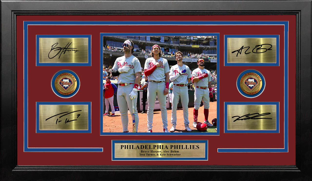 Philadelphia Phillies Anthem 8x10 Framed Photo & Engraved Autographs - Harper Bohm Turner Schwarber - Image 2