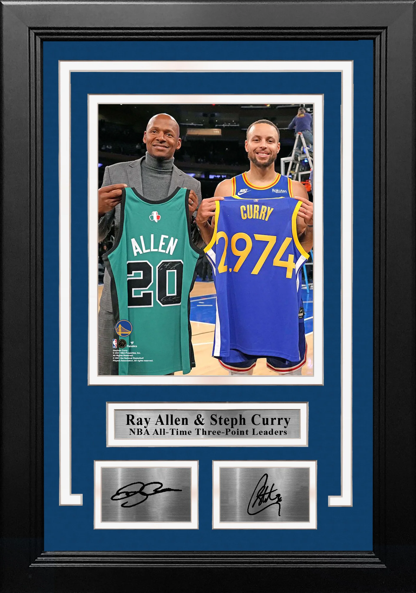 Ray Allen & Steph Curry 3-Point Record-Breaking Celebration 8" x 10" Framed Basketball Photo with Engraved Autographs - Image 2