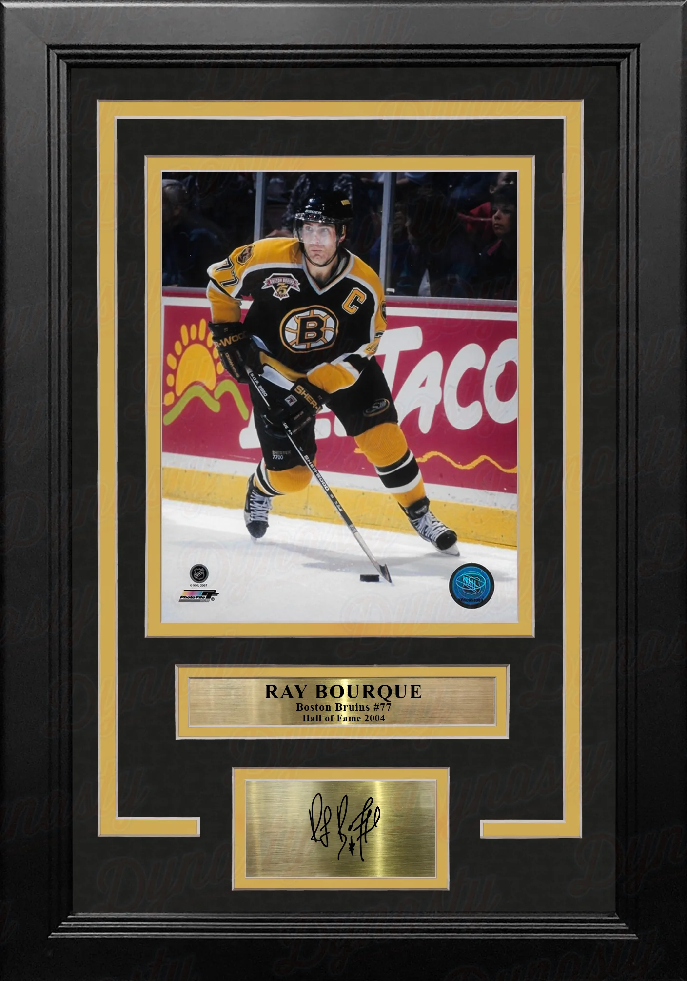 Ray Bourque in Black Boston Bruins 8" x 10" Framed Hockey Photo with Engraved Autograph - Image 2