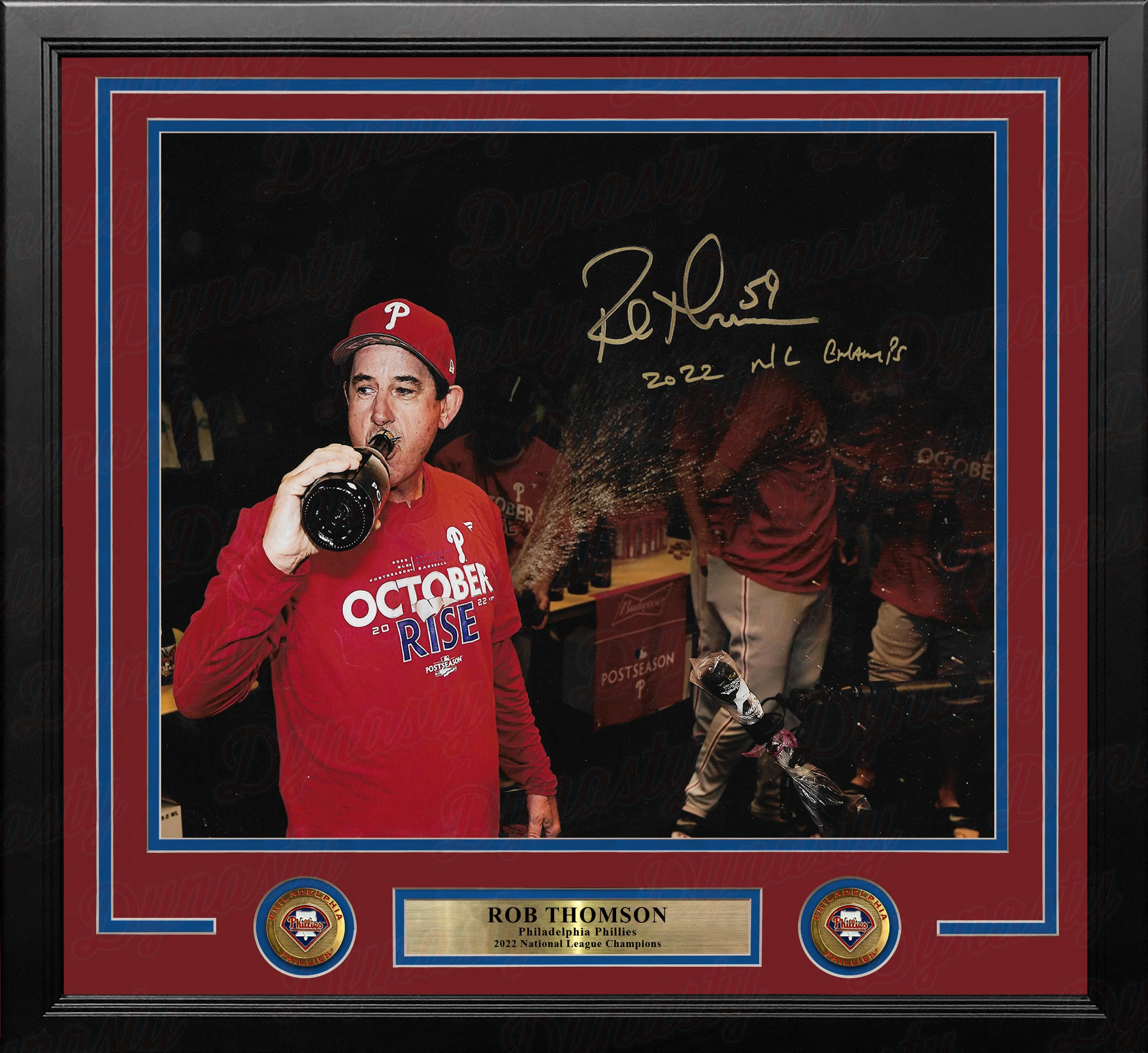 Rob Thomson 2022 NL Champions Locker Room Phillies Autographed 16x20 Framed Photo (NL Champs)