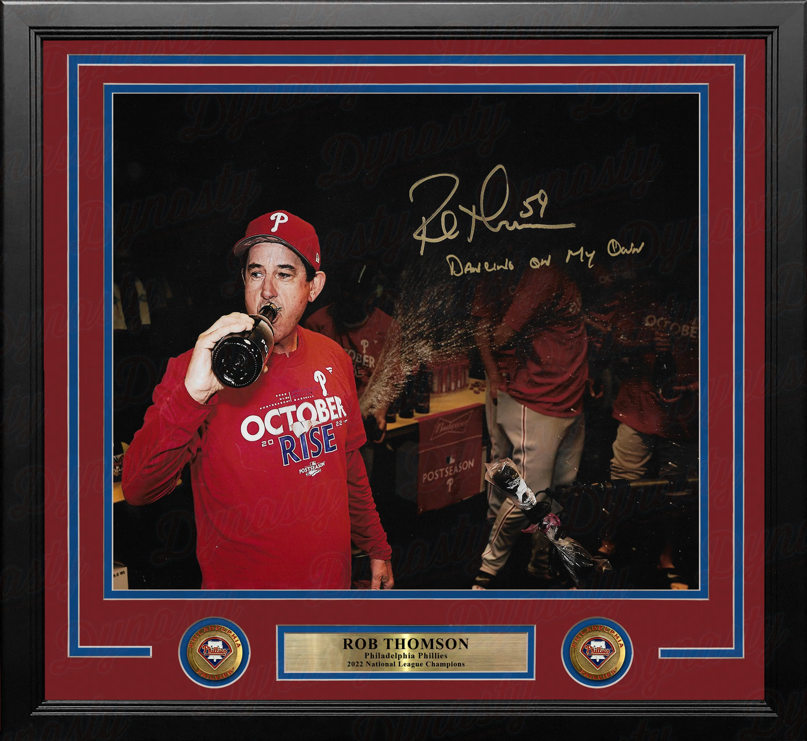 Rob Thomson '22 NL Champions Locker Room Phillies Autographed 16x20 Framed Photo (Dancing on my Own)